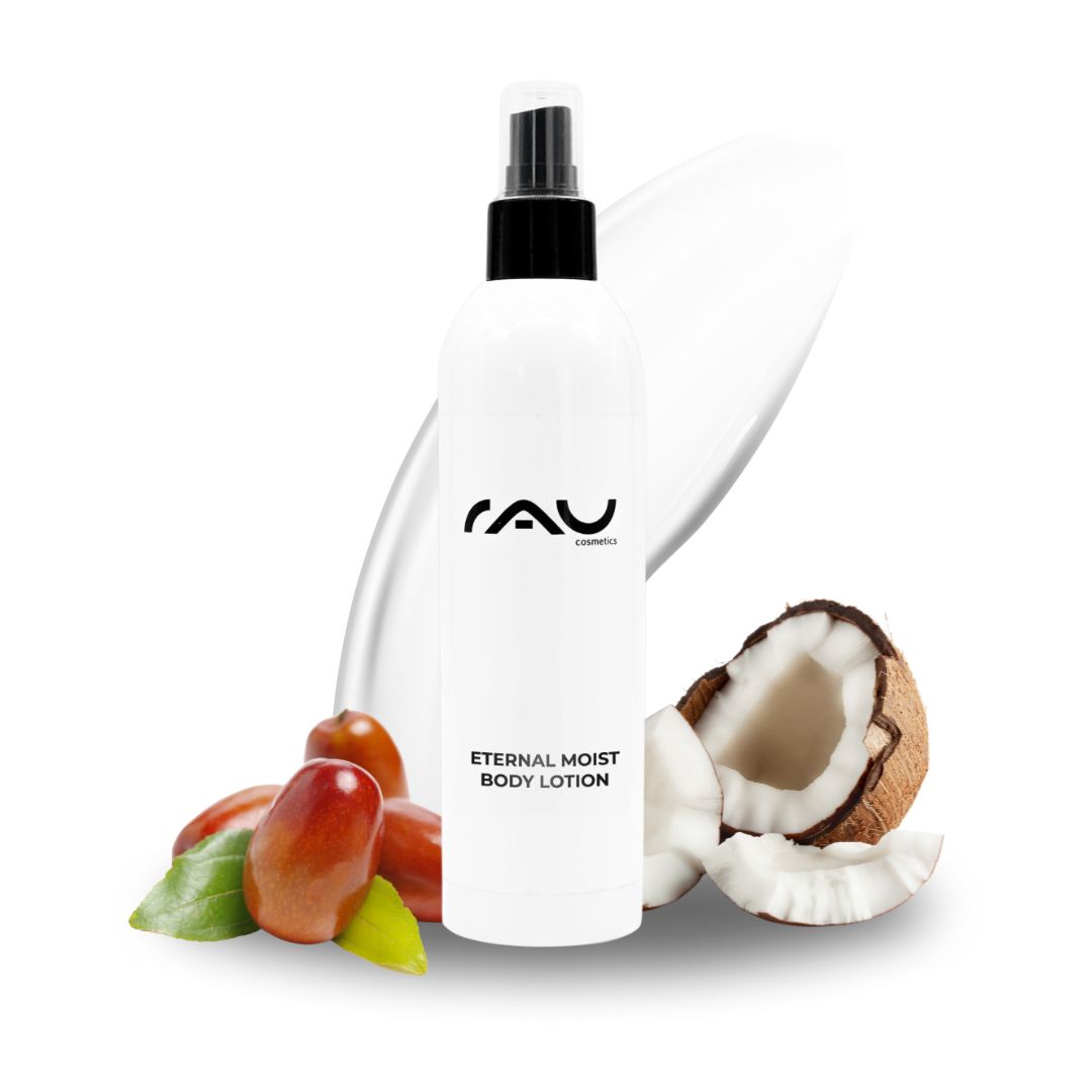 RAU Eternal Moist 身體潤膚乳 250 ml - 強效保濕,讓肌膚宛如被輕撫般柔軟 RAU Eternal Moist Body Lotion, 250-ml-Flasche mit Kokosnuss und pflegenden Inhaltsstoffen, die auf intensive Feuchtigkeitsversorgung trockener Haut und eine seidige Textur Wert legen.