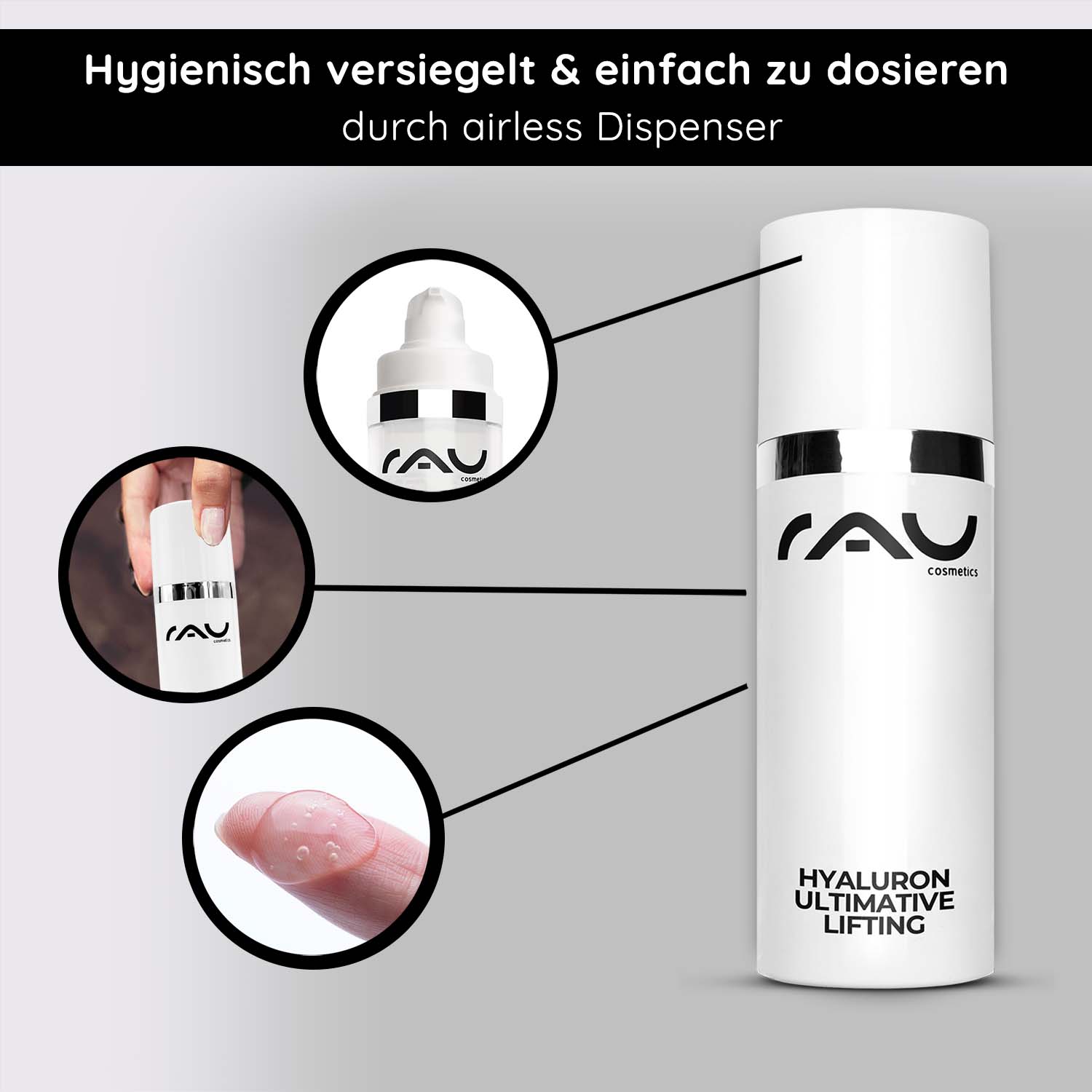 透明质酸终极提拉啫喱 50 毫升 透明质酸提拉啫喱 Hyaluron Ultimative Lifting Serum im Airless-Spender mit hygienischer Versiegelung, einfacher Dosierung und gelartiger Textur, entwickelt für feuchtigkeitsspendende und Anti-Aging-Vorteile bei trockener Haut.