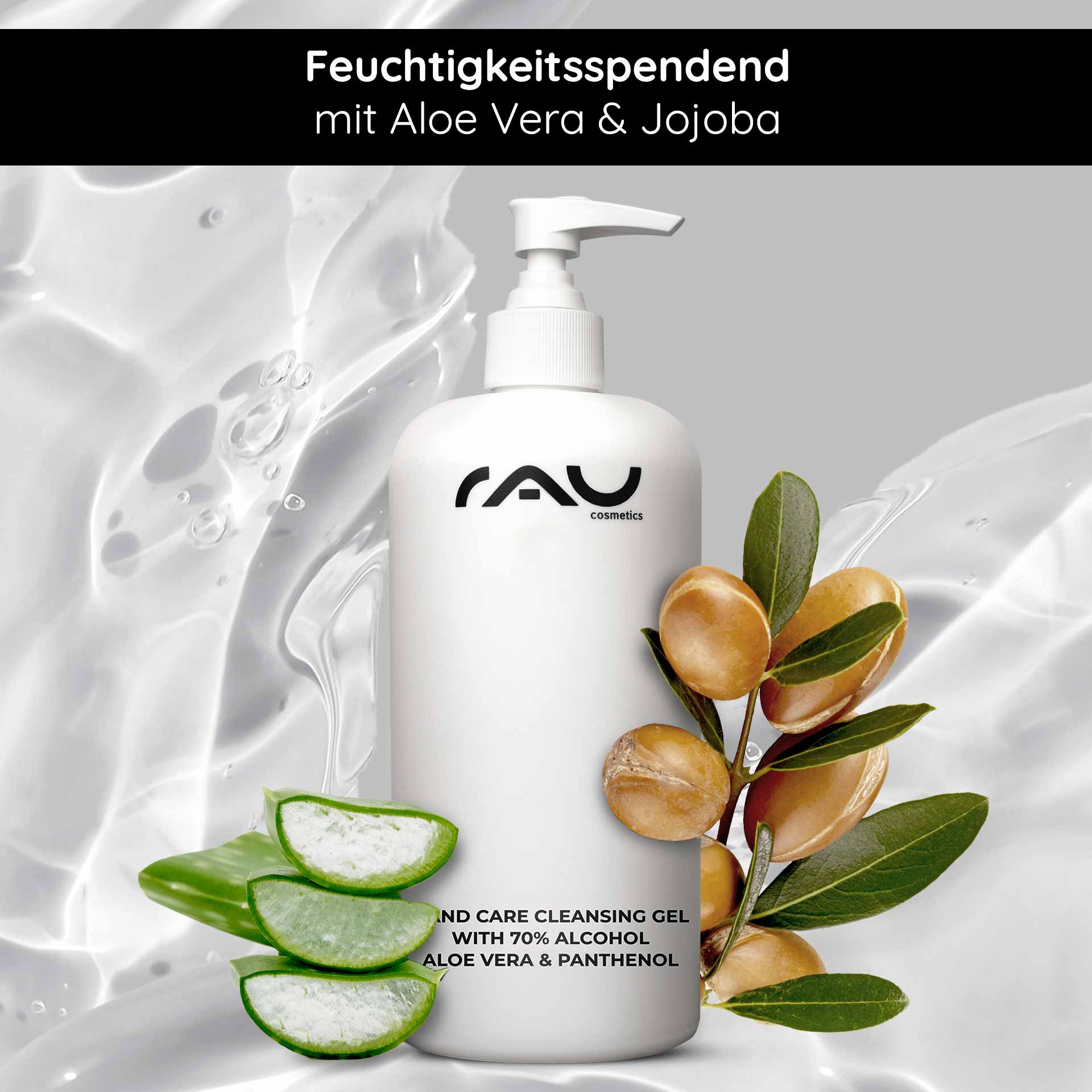 手部护理清洁凝胶 500 毫升 消毒与护理 Flasche mit Pumpe für das Handpflege-Reinigungsgel von RAU Cosmetics mit Aloe Vera und Jojoba, umgeben von Aloe-Scheiben und Öltröpfchen, die die feuchtigkeitsspendenden und desinfizierenden Eigenschaften betonen.