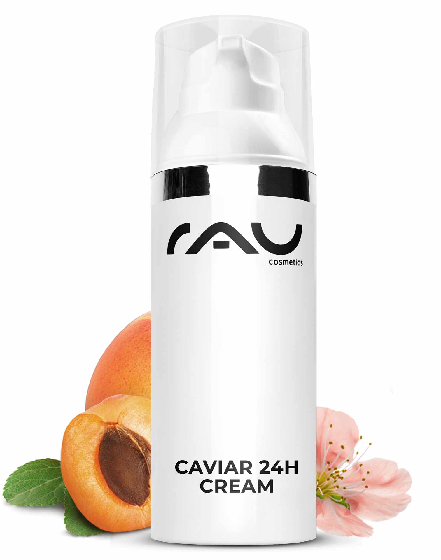 鱼子酱 24 小时面霜 50 毫升 含鱼子酱精华的护肤品 Flasche der RAU Cosmetics Caviar 24h Cream mit Aprikosen- und Blumenakzenten, die die Anti-Aging-Eigenschaften und die feuchtigkeitsspendende Wirkung hervorhebt.