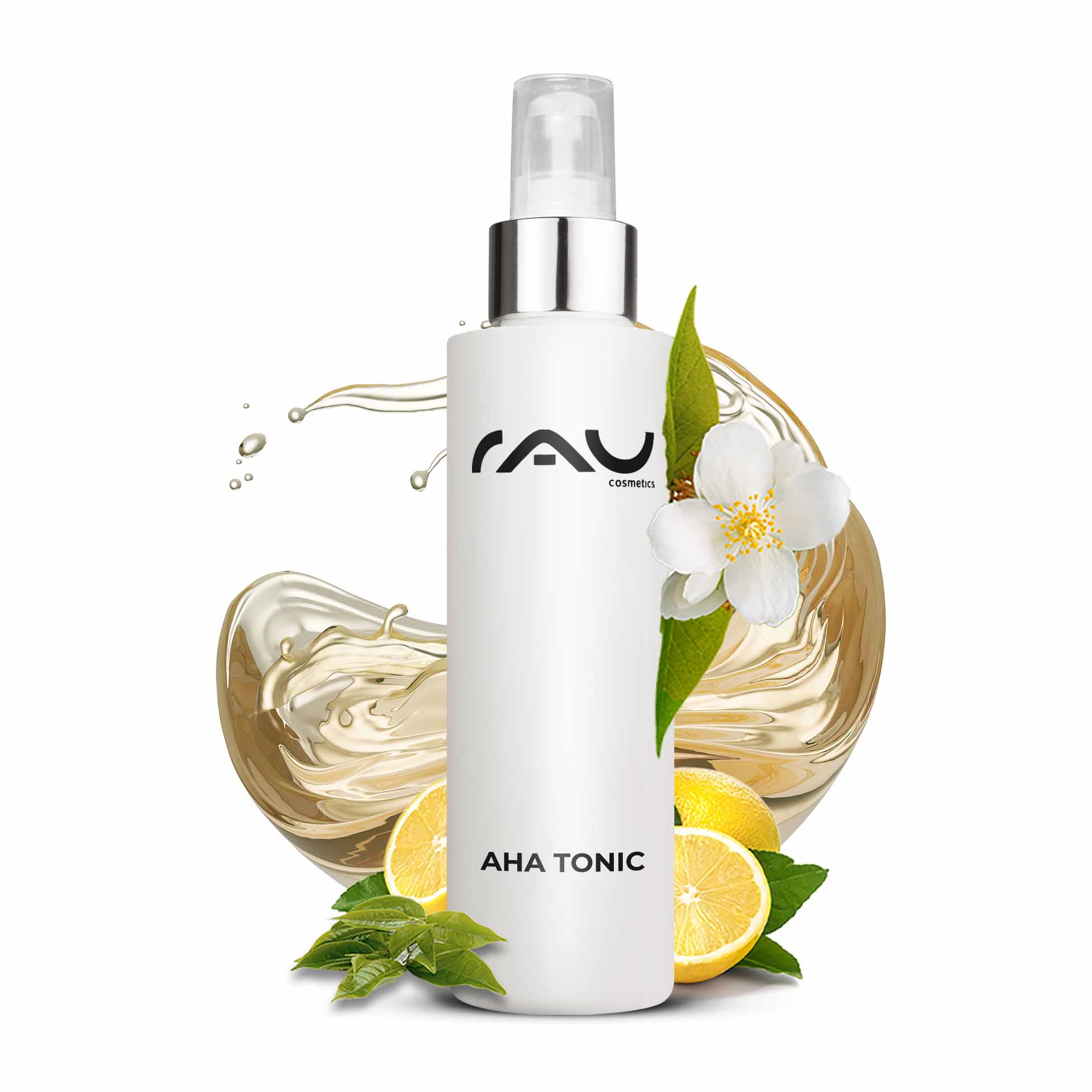 AHA 爽肤水 200 毫升 - 具有抗衰老功效的爽肤水 AHA Tonic 200-ml-Flasche mit weißem Etikett und RAU-Logo, umgeben von Zitronenscheiben, grünen Blättern und floralen Elementen, die die Vorteile der Hautverjüngung und des Peelings betonen.