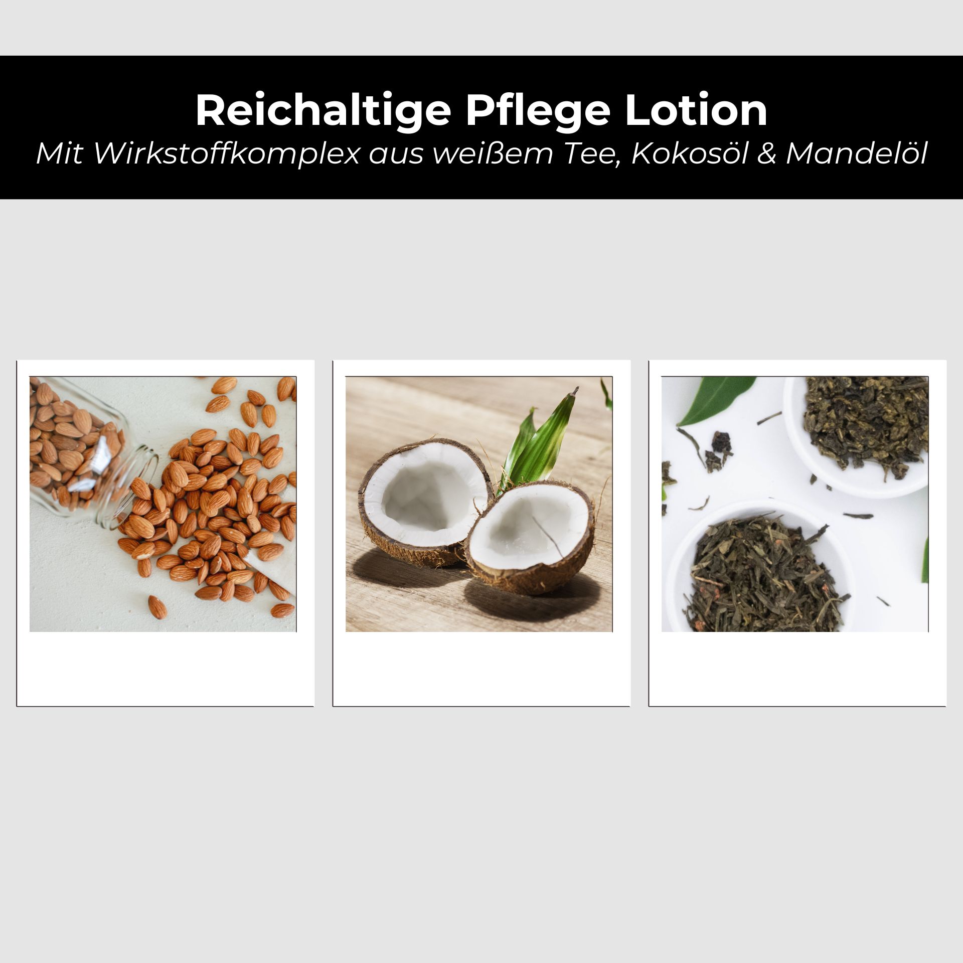 RAU 白茶身体乳200毫升 —— 迅速吸收不油腻 Reichhaltige Pflege Lotion mit weißen Tee, Kokosöl und Mandelöl, Zutaten für intensive Hautfeuchtigkeit und Pflege.