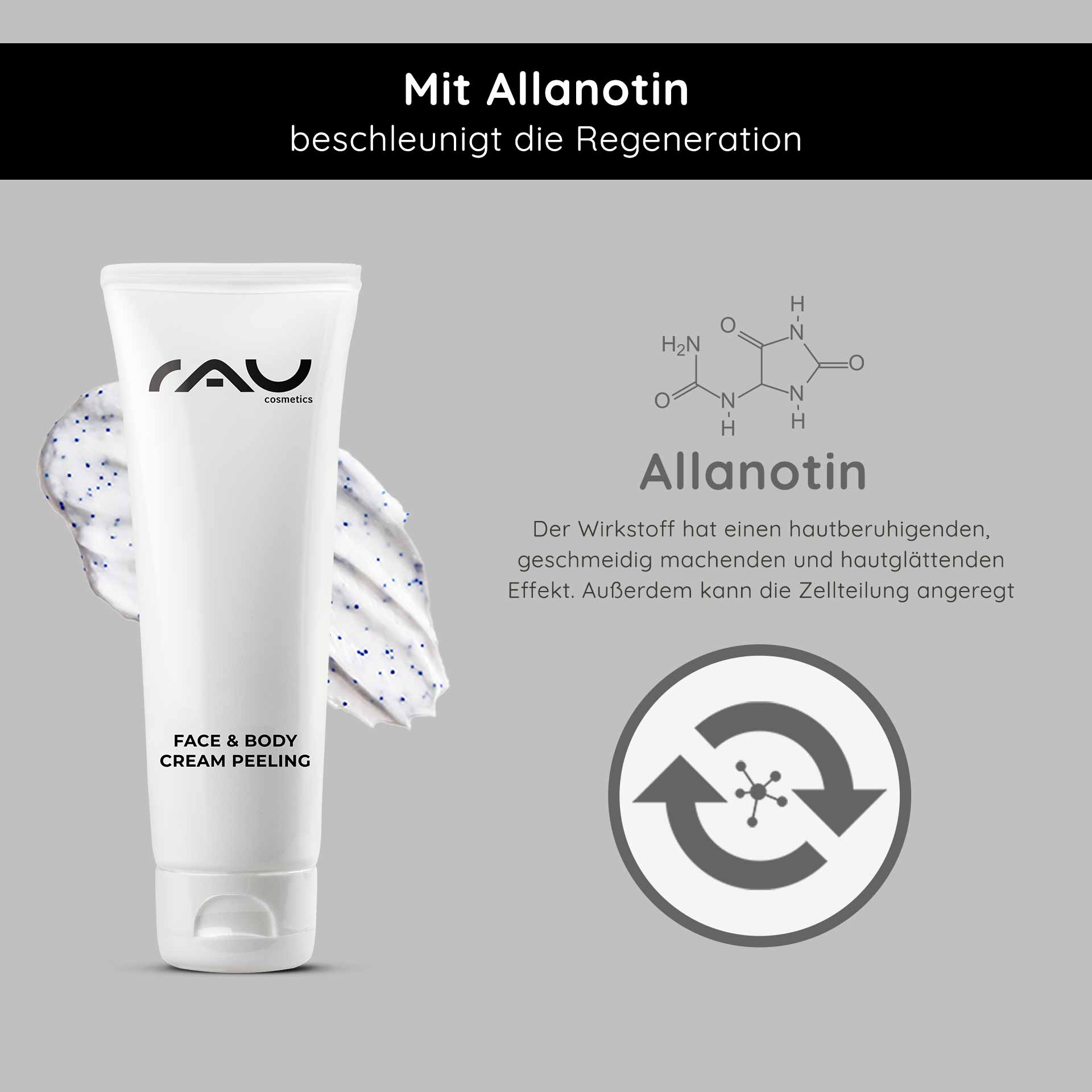 面部和身体去角质霜 75 毫升 机械去角质 RAU Cosmetics Face & Body Cream Peeling-Tube mit cremiger Textur und Peelingpartikeln, mit Allantoin zur Hautregeneration und beruhigenden Wirkung, vor grauem Hintergrund mit Grafik der Molekülstruktur.