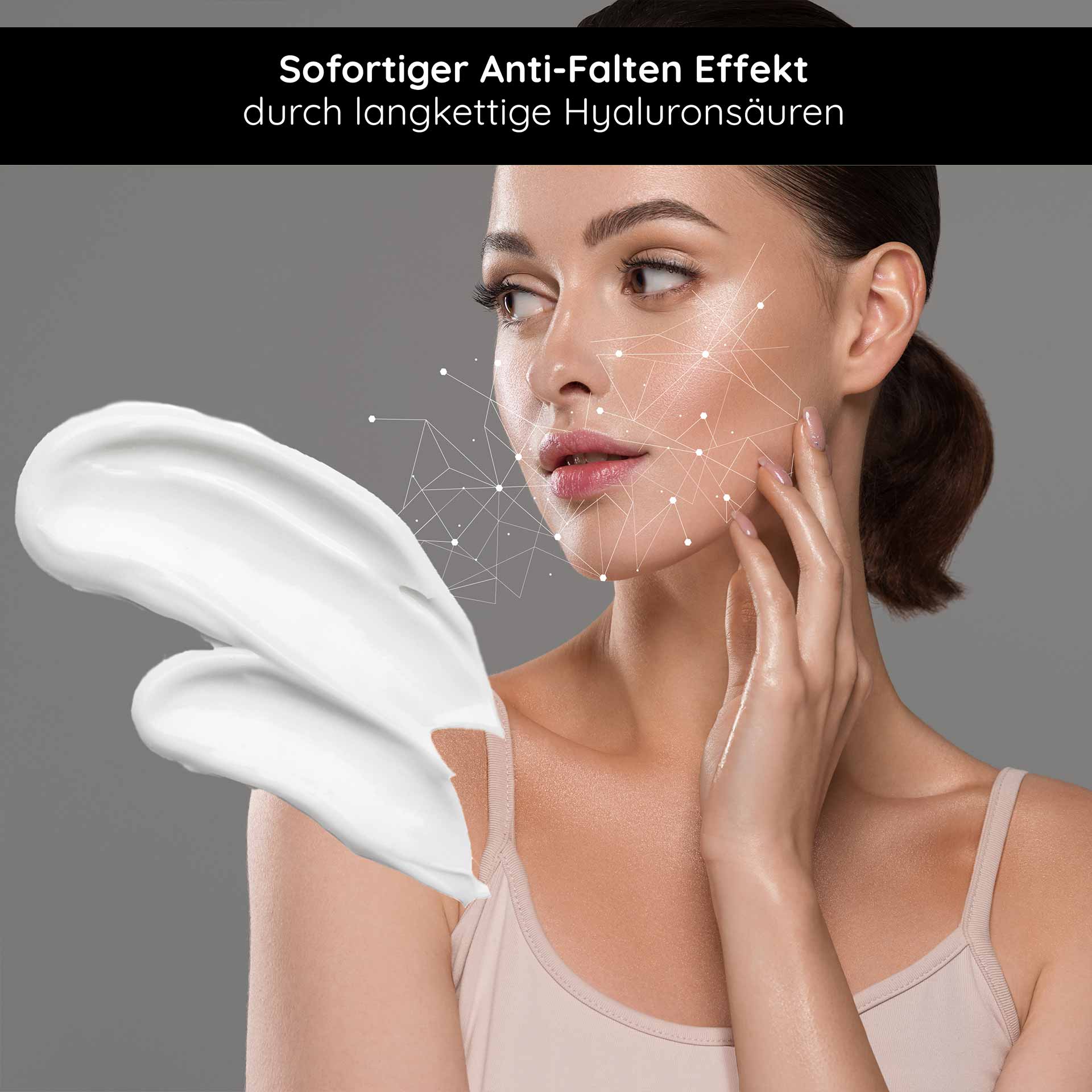 透明质酸 24 小时面霜 50 毫升 透明质酸护理霜 Zarte Gesichtscreme mit sofortigem Anti-Falten-Effekt, Anwendung von langkettigen Hyaluronsäuren, aufgetragen auf das Gesicht einer Frau, die sanft ihre Haut berührt.