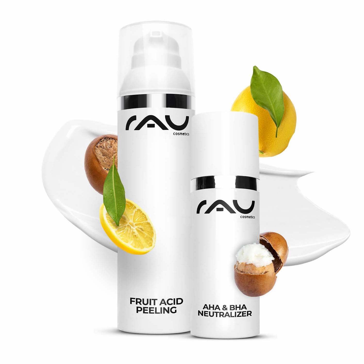 果酸去角质 100 毫升 含 BHA 的果酸去角质产品 Flaschen mit Fruchtsäurepeeling und AHA & BHA-Neutralisator von RAU Cosmetics mit Zitrone und Macadamianüssen, die natürliche Hautpflegebestandteile für ein effektives Peeling und eine Hautverjüngung hervorheben.