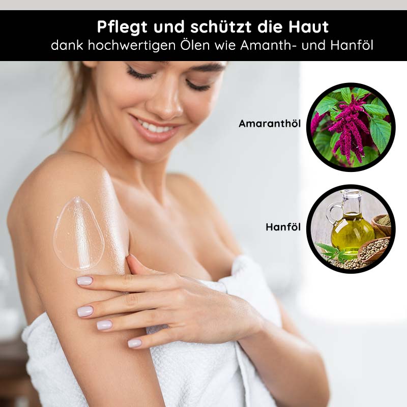 Magnesium Active Body Oil 250 ml - LIMITED EDITION Frau mit Hand auf dem Arm, der mit durchsichtiger Hautpflegeöl-Textur bedeckt ist, umgeben von Illustrationen von Amaranth- und Hanföl, betont die pflegenden Eigenschaften der hochwertigen Öle für die Haut.