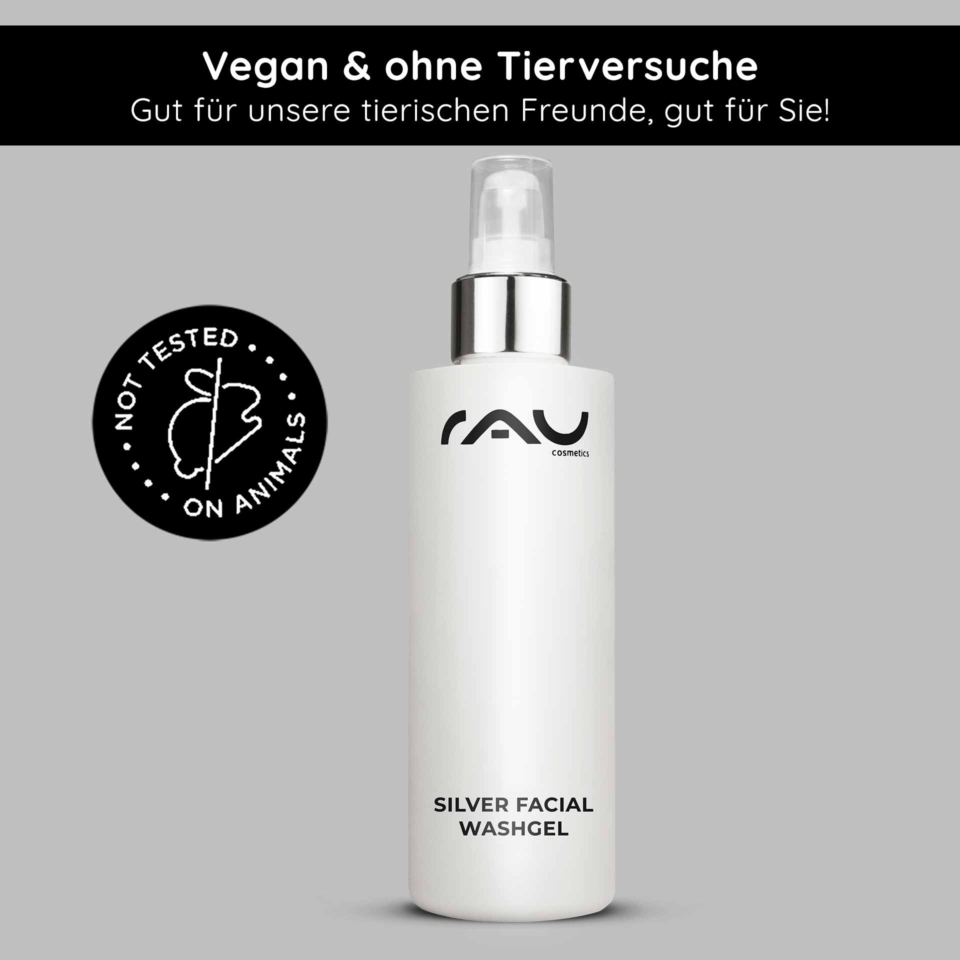 200 毫升微银洁面乳 Silberne Gesichtswaschgelflasche von RAU Cosmetics mit schlankem Design und Pumpspender, gekennzeichnet als vegan und nicht an Tieren getestet, was die Vorteile für die Gesichtsreinigung unterstreicht.