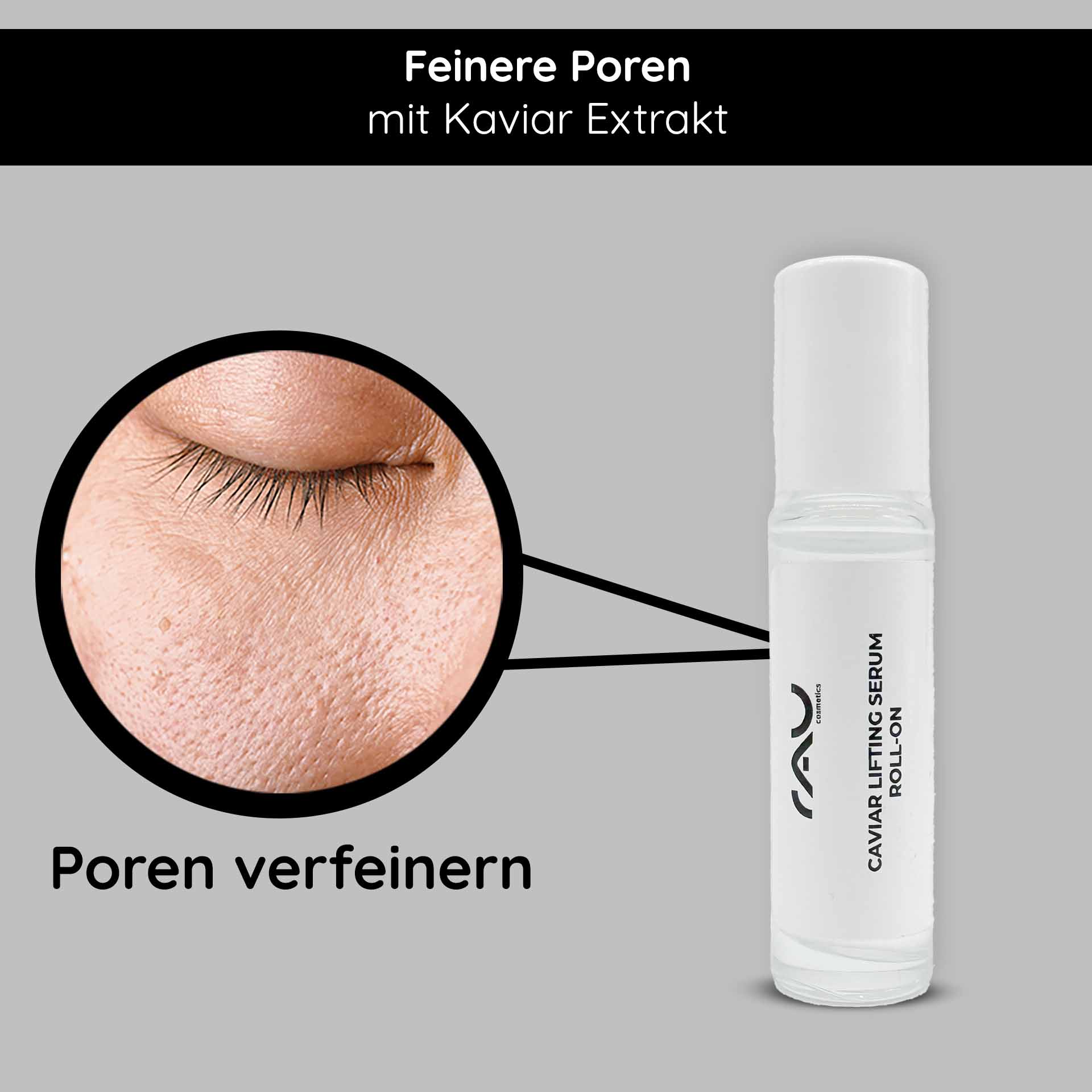 鱼子精华提拉精华液 10 毫升,含 Reproage 和鱼子精华 RAU Cosmetics Caviar Lifting Serum Roll-On 5 ml in edler Verpackung – Anti-Aging-Serum mit Kaviarextrakt und Reproage™-Peptiden für reife Haut.