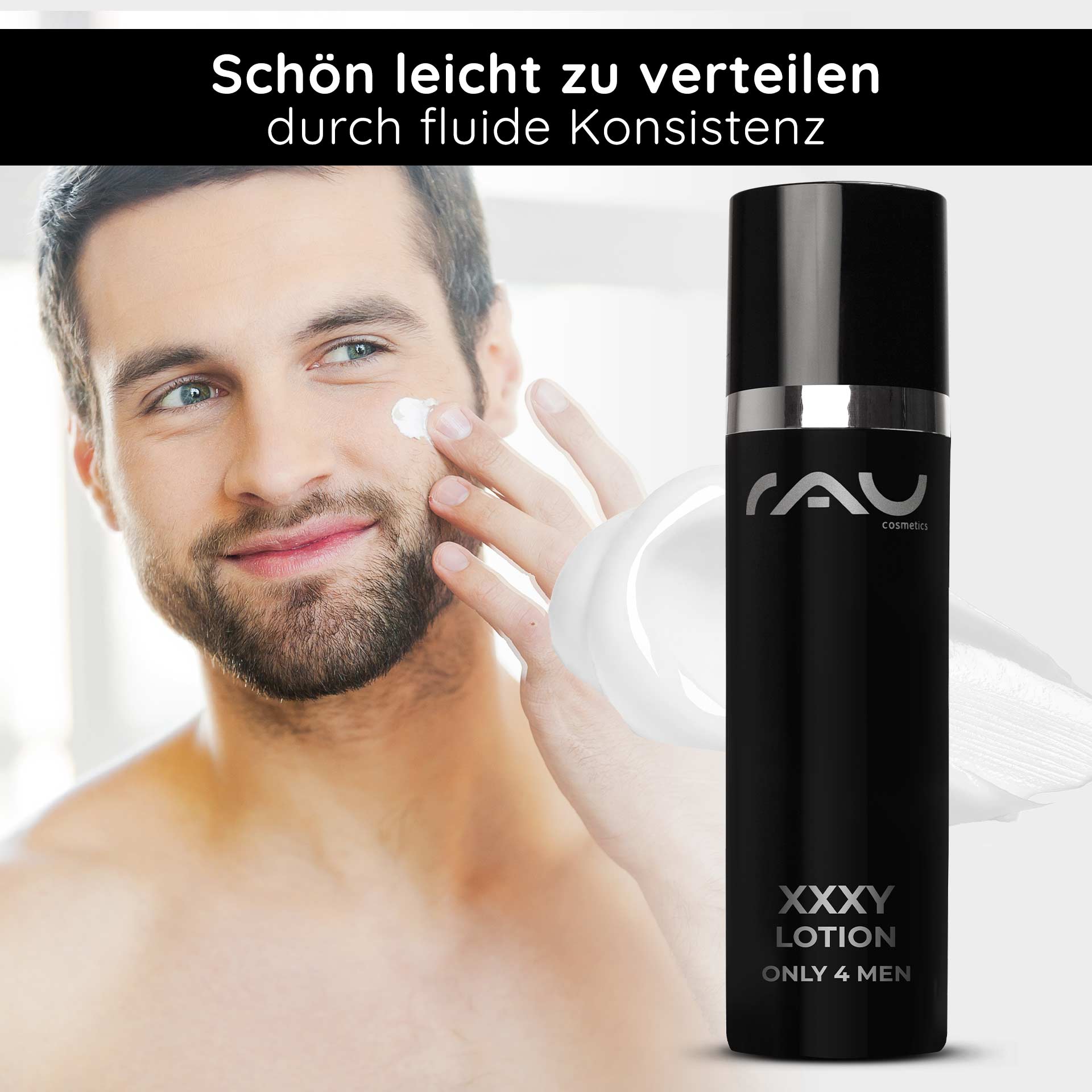 XXXY 护肤乳液(仅限 4 位男士) 50 毫升 - 日间抗衰老护理 Mann trägt RAU Cosmetics XXXY Lotion auf sein Gesicht auf, betont die flüssige Konsistenz und die Anti-Aging-Eigenschaften für Männerhaut.