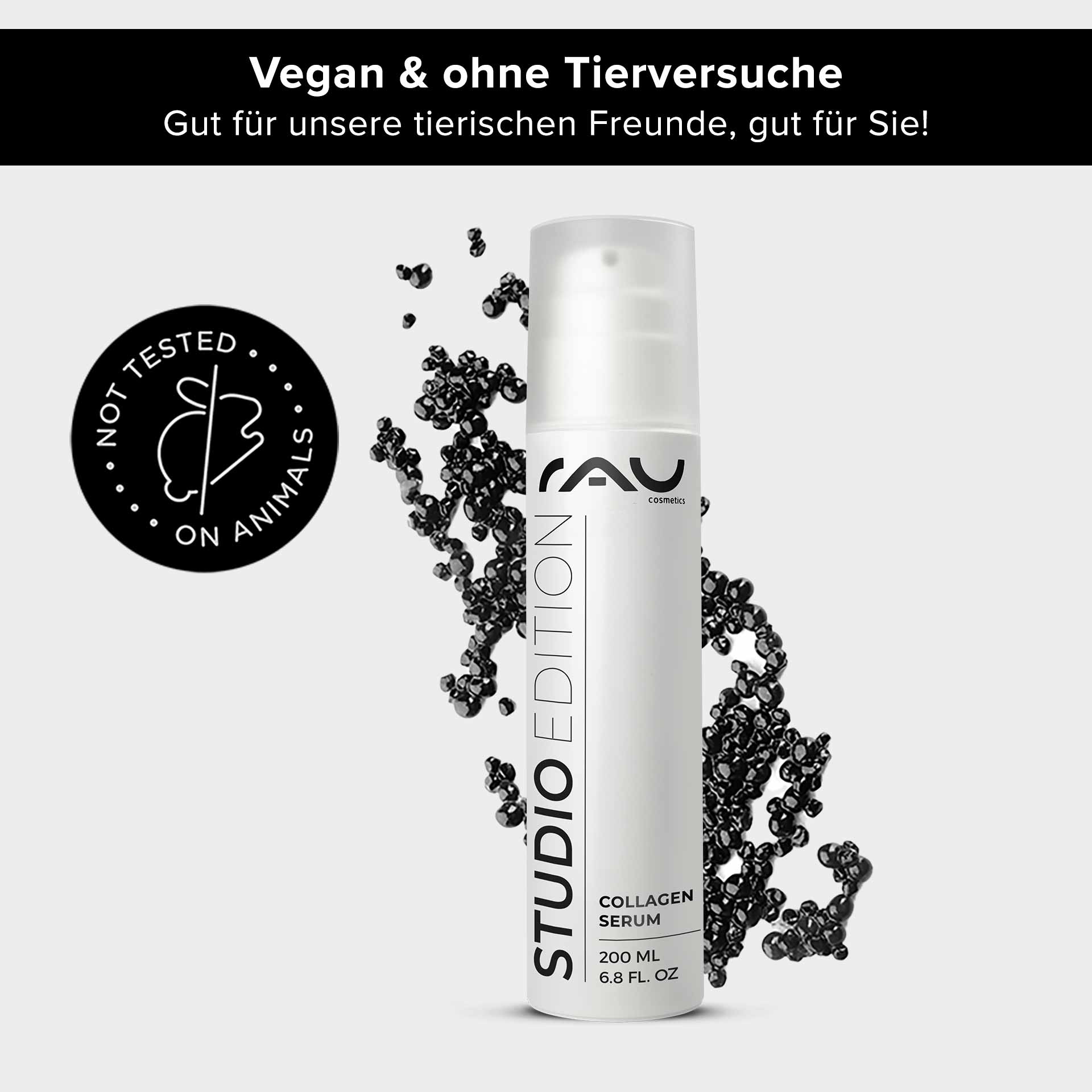 鱼子酱 24 小时面霜 200 毫升 含鱼子酱精华的护肤品 RAU Cosmetics Collagen Serum in einer 200-ml-Flasche mit veganem Etikett, schwarzen Blasen und dem Emblem „Nicht an Tieren getestet“, das die Vorteile für die Hautpflege hervorhebt.