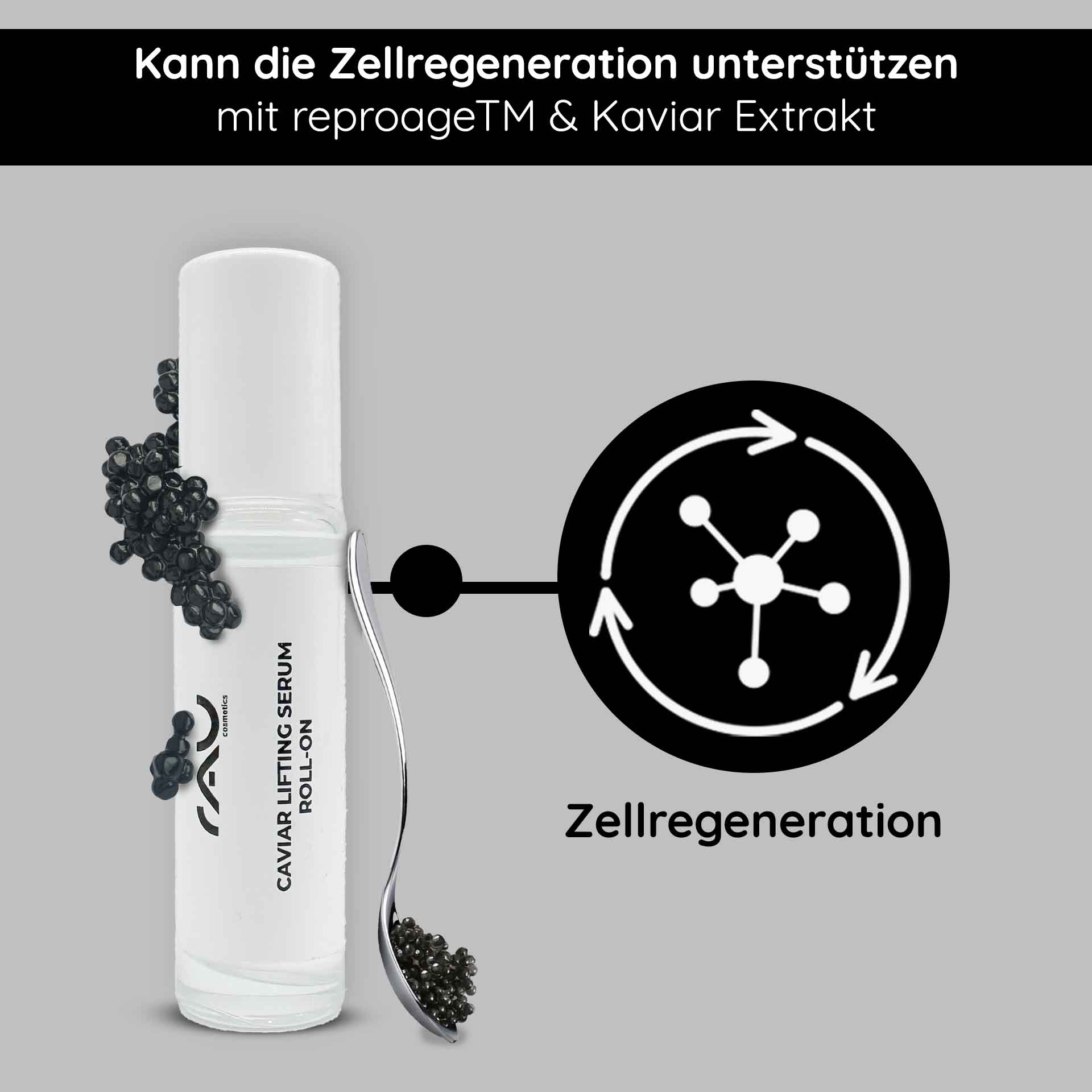 鱼子精华提拉精华液 10 毫升,含 Reproage 和鱼子精华 RAU Cosmetics Caviar Lifting Serum Roll-On 5 ml in edler Verpackung – Anti-Aging-Serum mit Kaviarextrakt und Reproage™-Peptiden für reife Haut.“