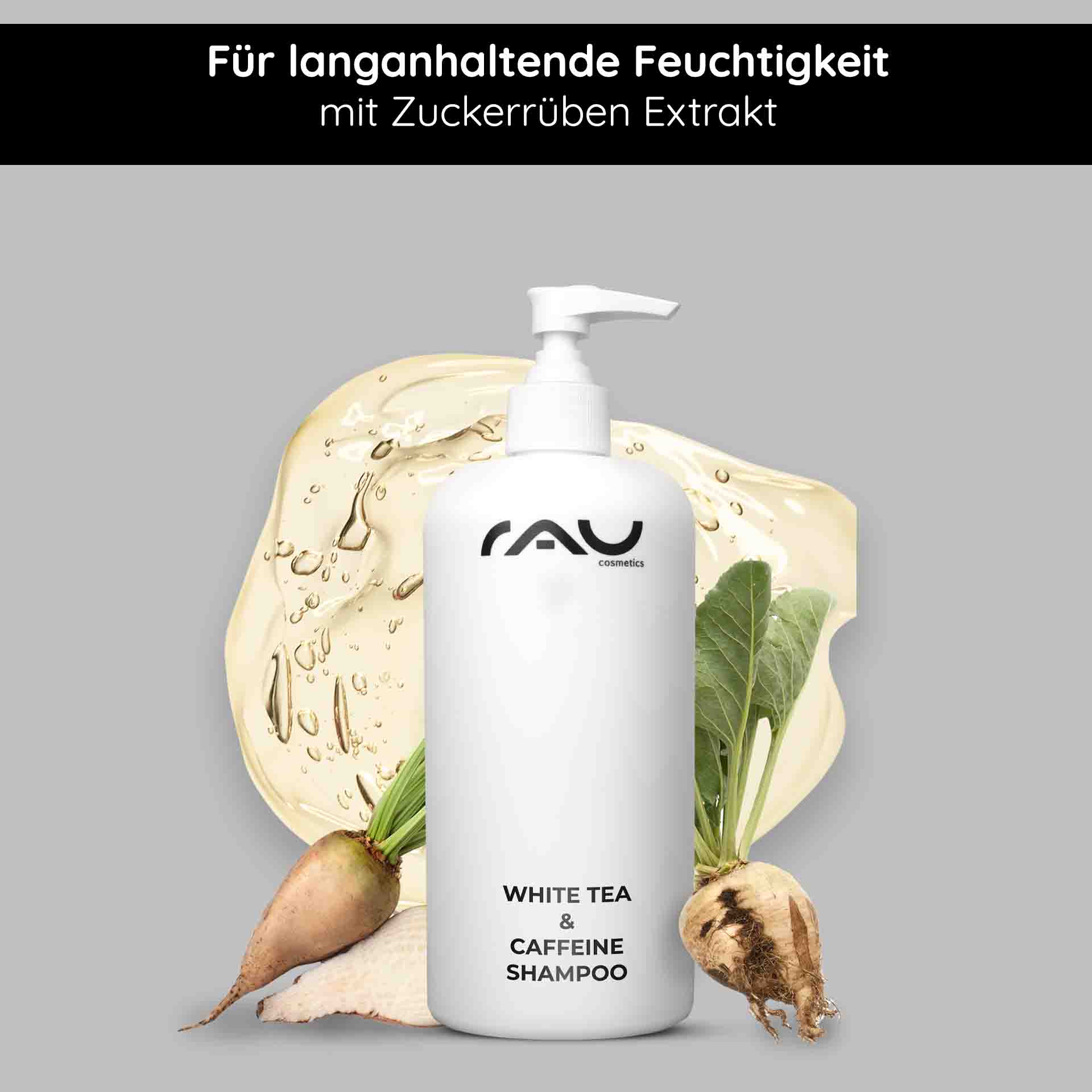 白茶咖啡因洗髮露 500 毫升  Flasche mit White Tea & Caffeine Shampoo mit Pumpe, umgeben von Zuckerrüben- und Weißteeblättern, fördert die Feuchtigkeitsversorgung und Kopfhautpflege, ganz im Sinne des Fokus von RAU Cosmetics auf wirksame Lösungen für die Haargesundheit.