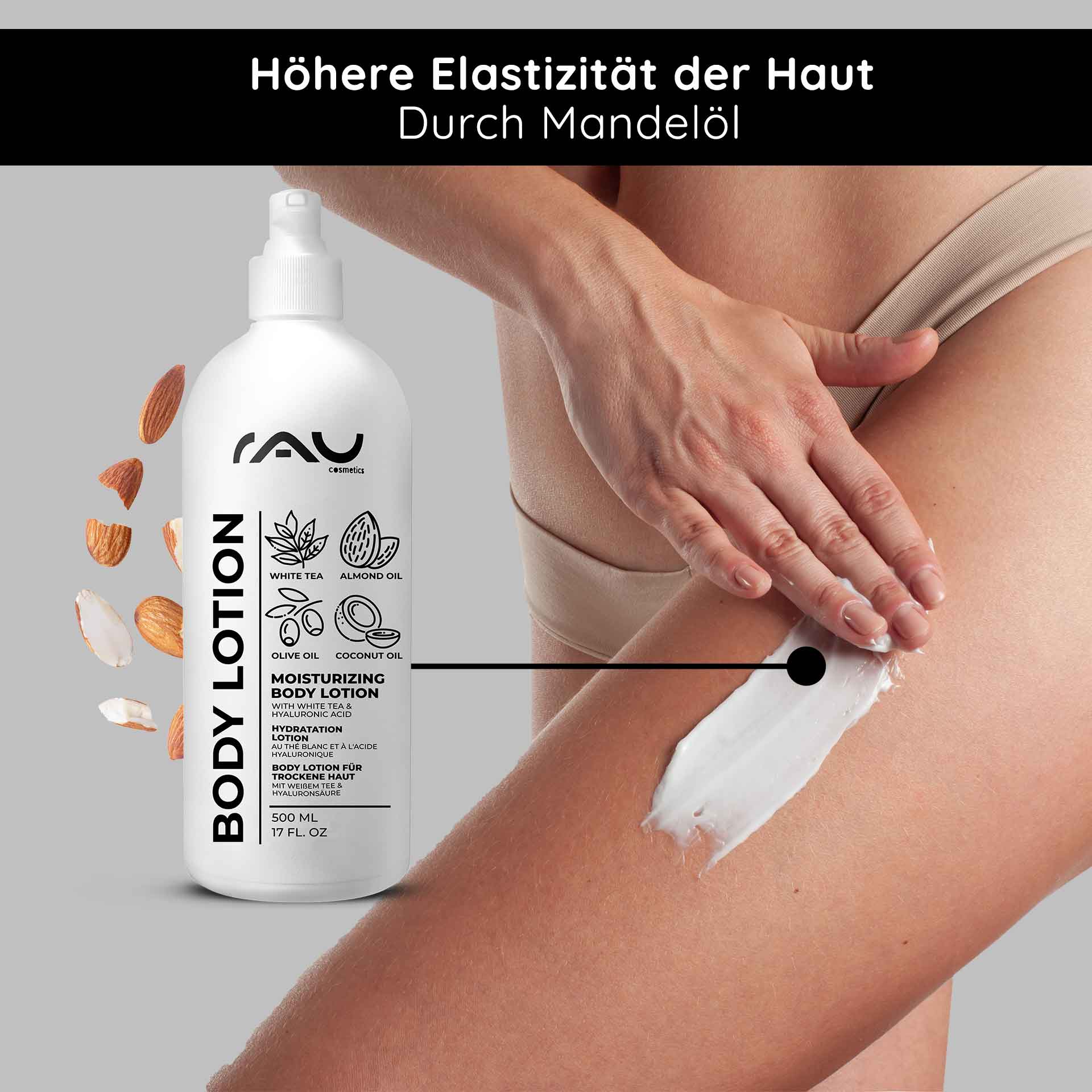 含透明质酸、白茶、尿素的 500 毫升干性皮肤润肤露 Flasche der RAU Cosmetics White Tea Body Lotion mit Feuchtigkeitscreme zum Auftragen auf die Haut, mit Inhaltsstoffen wie Mandelöl und Kokosöl, die die Hautelastizität und Feuchtigkeitsversorgung trockener Haut fördern.