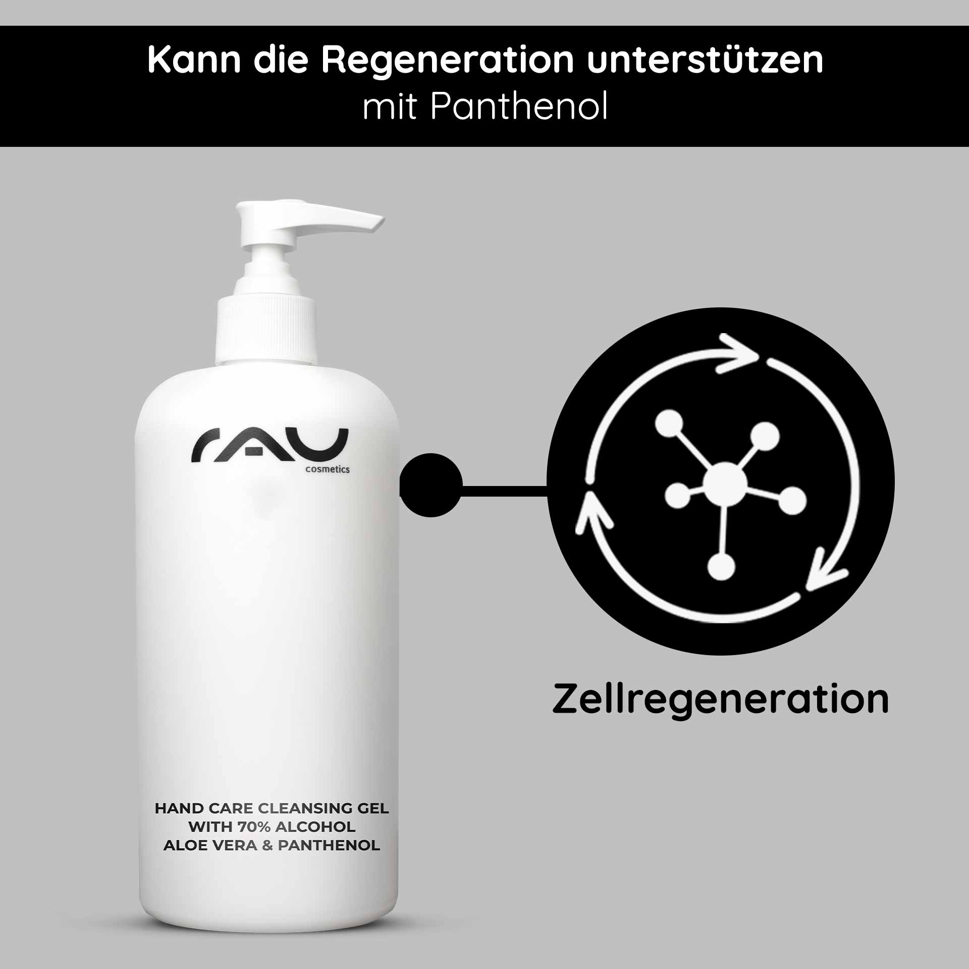 手部护理清洁凝胶 500 毫升 消毒与护理 Flasche mit Pumpe des Hand Care Cleansing Gels von RAU Cosmetics mit 70 % Alkohol, Aloe Vera und Panthenol, das die Vorteile der Hautregeneration betont.