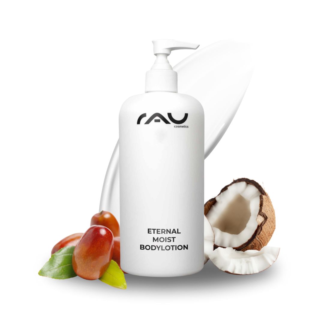 RAU Eternal Moist 潤膚露 500 ml - 密集保濕,柔軟肌膚  RAU Eternal Moist Bodylotion 500 ml Flasche mit Logo, umgeben von Kokosnuss und Jojobanüssen, betont intensive Feuchtigkeitsversorgung für glatte Haut.