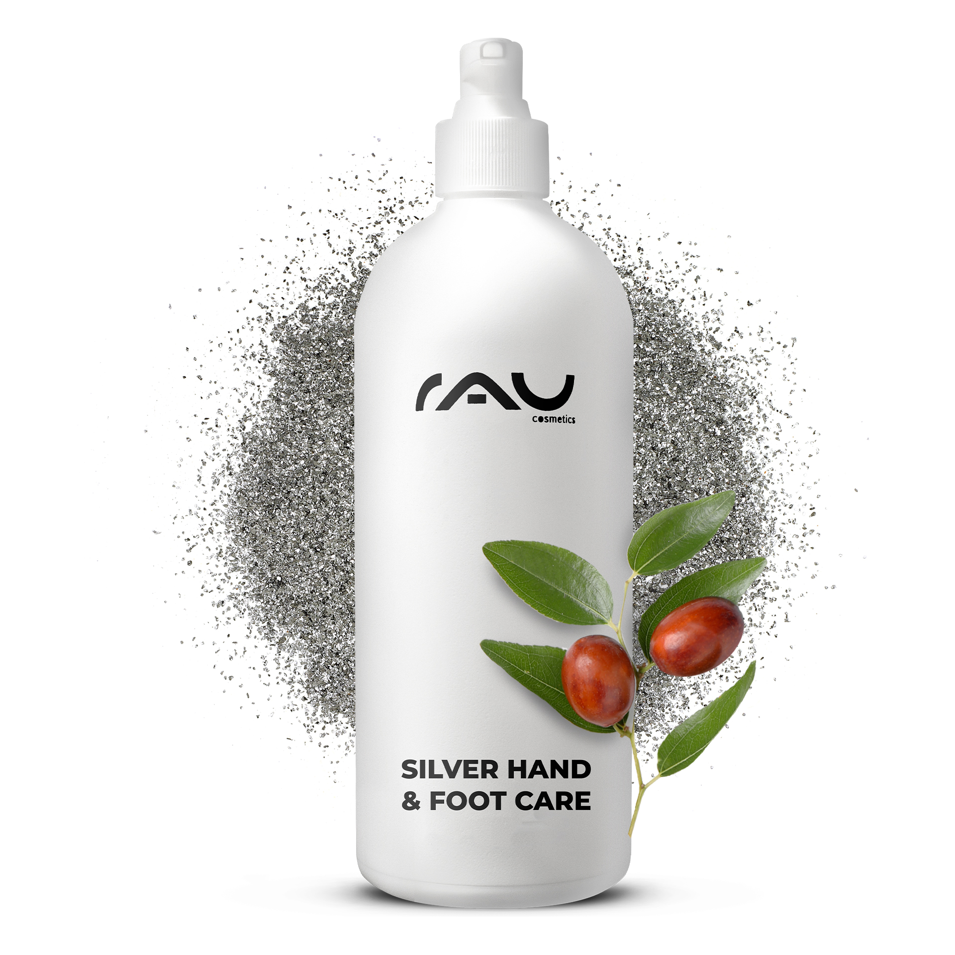 银质手足护理 500 毫升 手足霜 Flasche der RAU Silver Hand & Foot Care mit Sprühkopf, umgeben von Silberpartikeln und Jojobablättern, betont die pflegenden Eigenschaften für Hände und Füße.