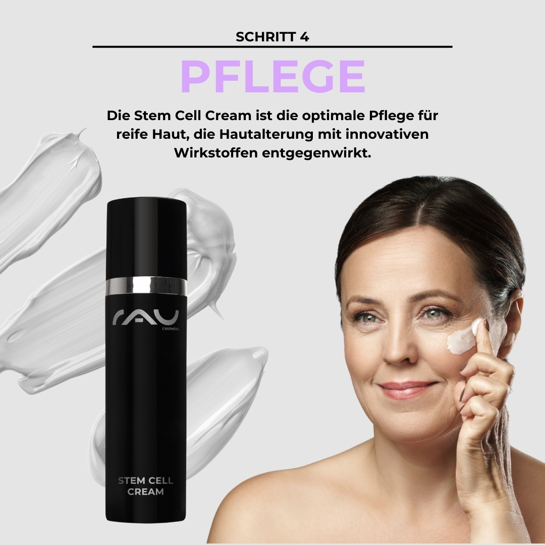 成熟肌肤的专业护理程序 Frau mit reifer Haut, die Stem Cell Cream von RAU Cosmetics aufträgt, um Hautalterung entgegenzuwirken, umgeben von sanften Creme-Texturen.