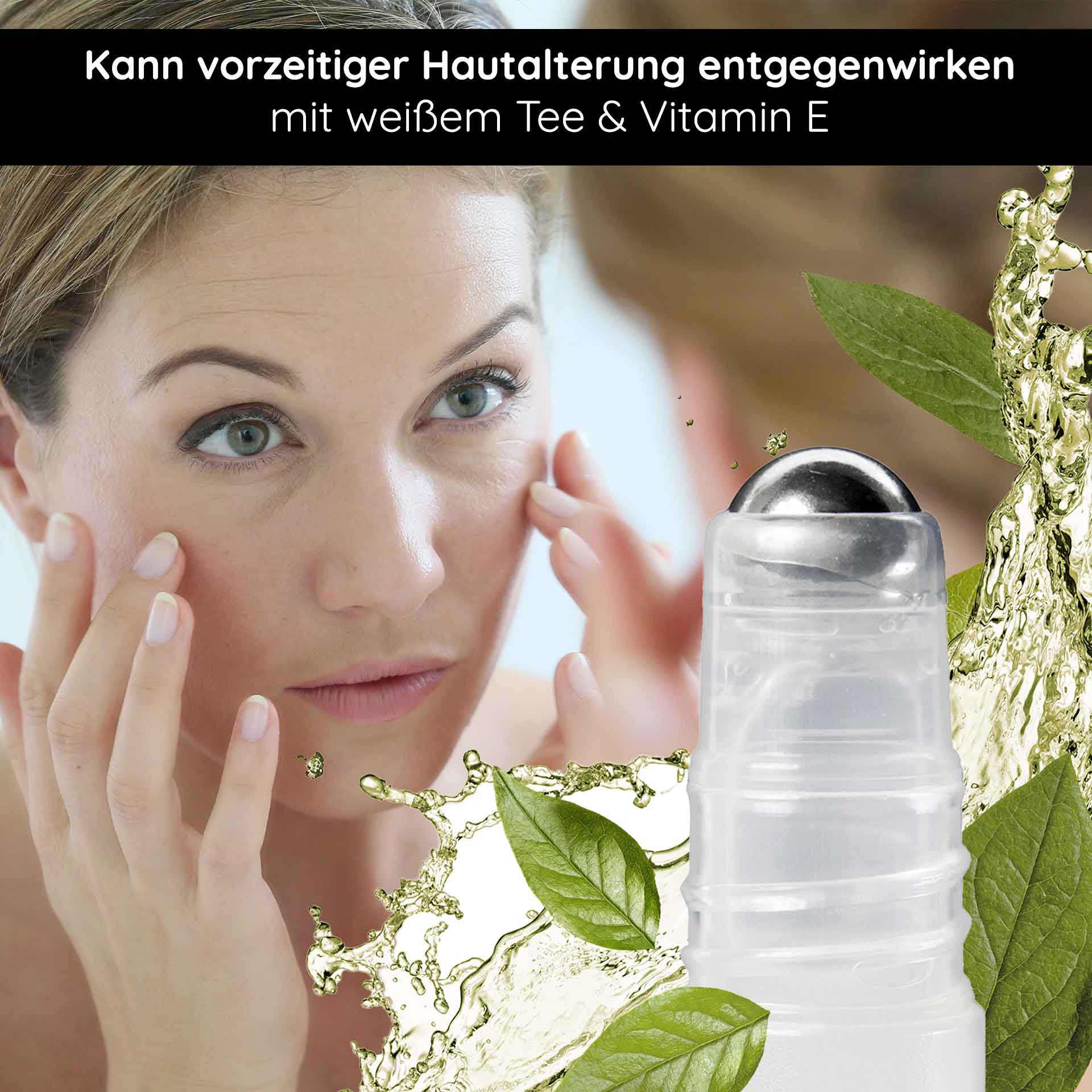 白茶速效提拉抗衰老精华素卷装 Frau mit Roll-On-Applikator, der White Tea Express Lift Serum auf die Haut aufträgt, um vorzeitiger Hautalterung entgegenzuwirken, umgeben von grünen Blättern und Flüssigkeitselementen.