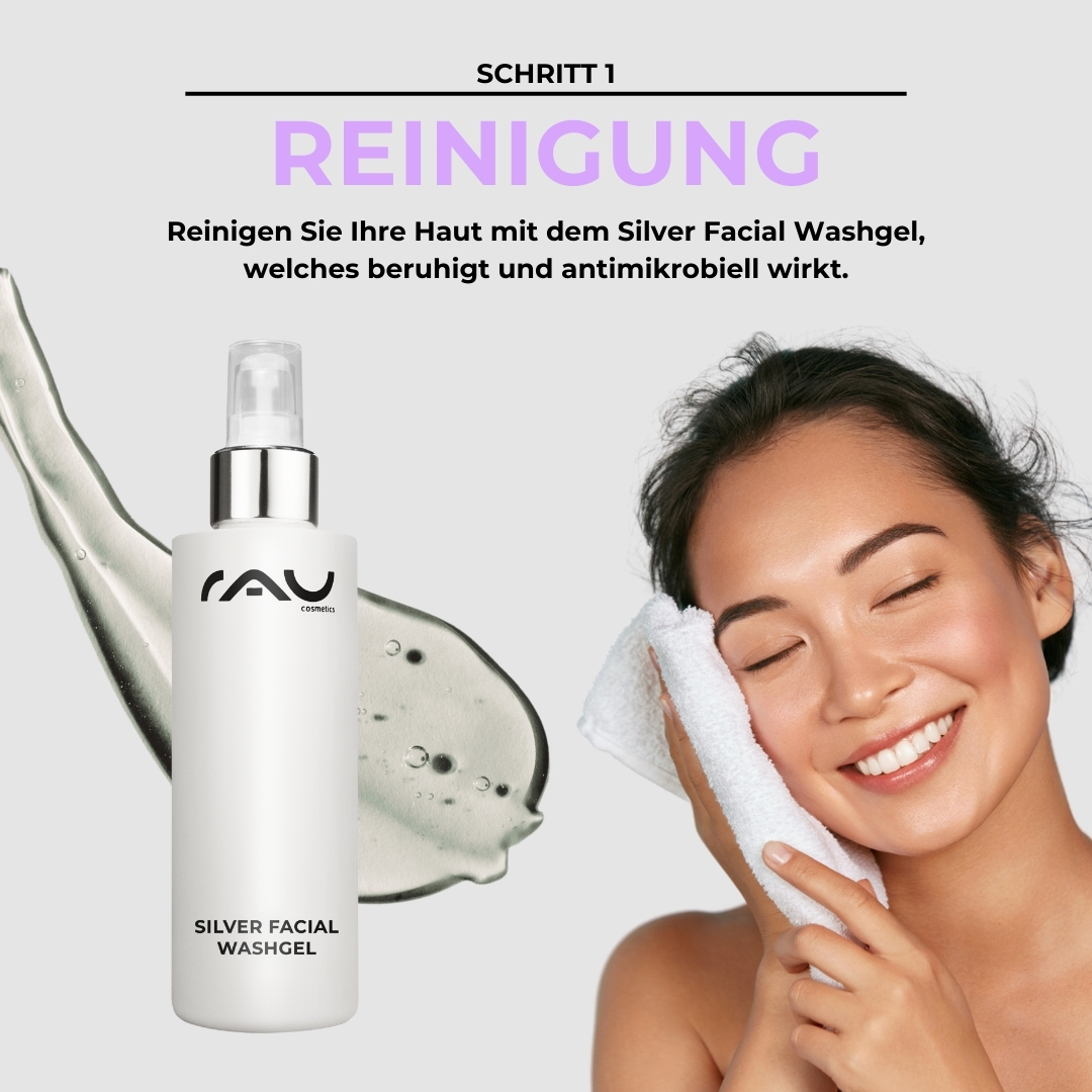 神经性皮炎的专业护理常规 Frau mit strahlendem Lächeln reinigt ihr Gesicht mit RAU Silver Facial Washgel, um neurodermitische Haut zu beruhigen und zu reinigen.