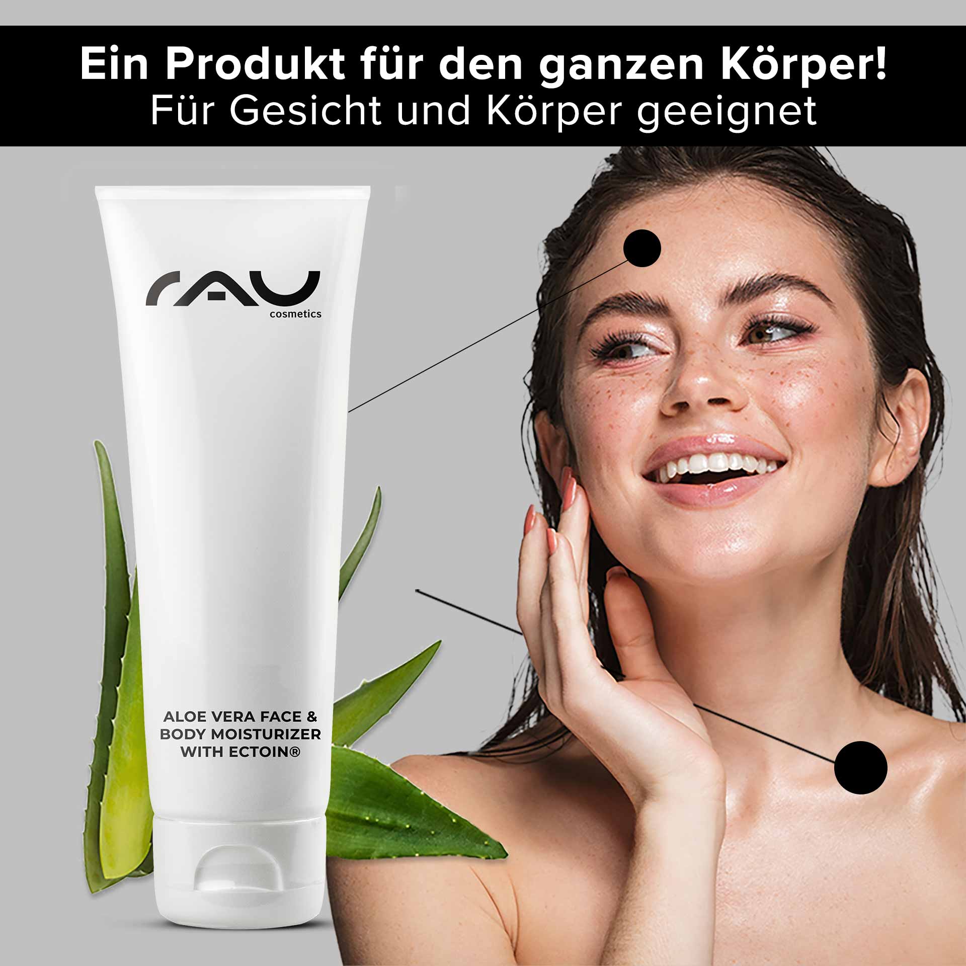 含 Ectoin® 的芦荟面部和身体保湿霜 75 毫升 Aloe Vera-Feuchtigkeitscreme für Gesicht und Körper mit Ectoin®-Tube neben einer lächelnden Frau, die Feuchtigkeitscreme auf ihr Gesicht aufträgt und die Vorteile der Feuchtigkeitsversorgung für alle Hauttypen hervorhebt.
