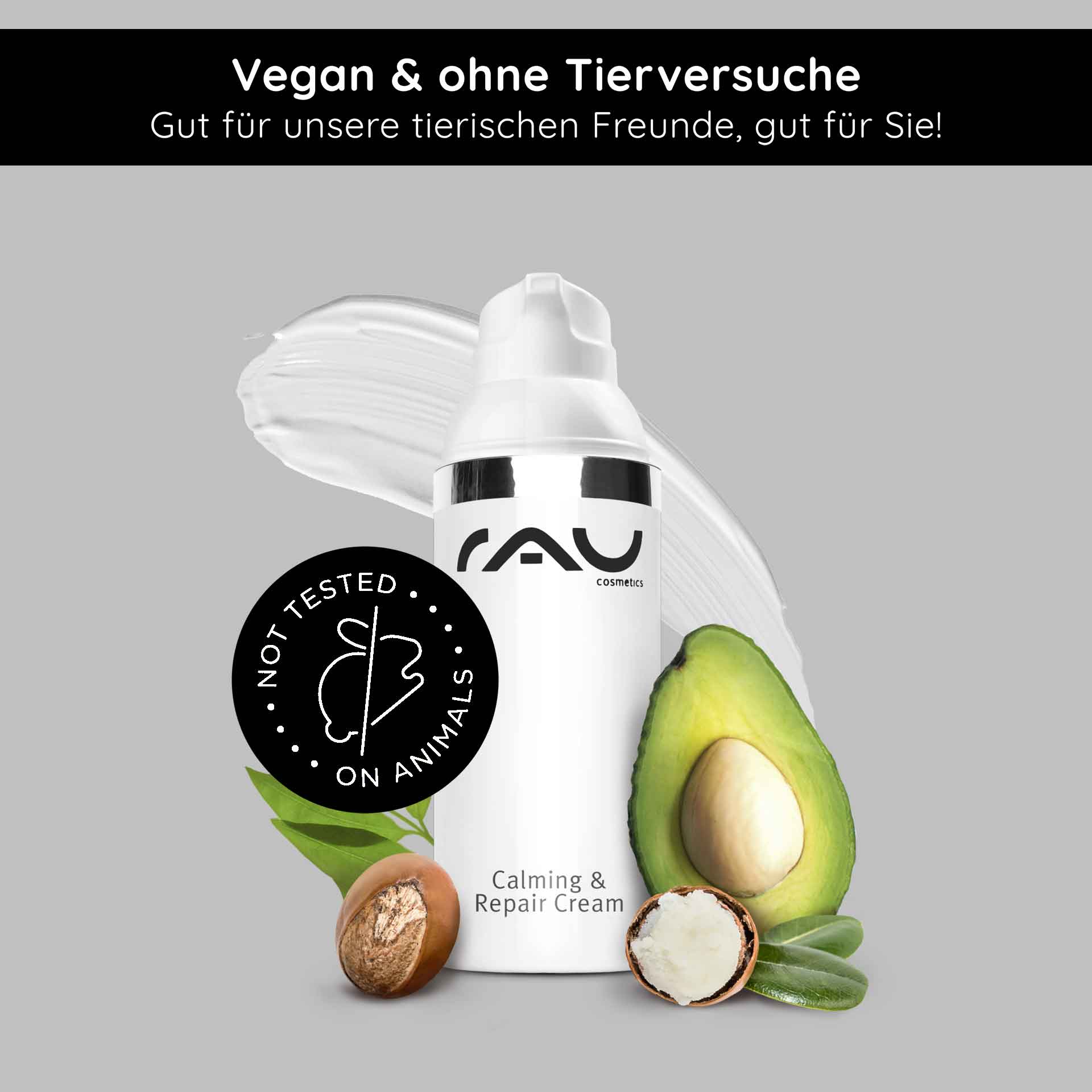 镇静修复霜 50 毫升 镇静肌肤 Flasche der RAU Cosmetics Calming & Repair Cream mit Avocado- und Sheabutter, mit dem Etikett „Vegan & nicht an Tieren getestet“, entwickelt zur Beruhigung empfindlicher Haut.
