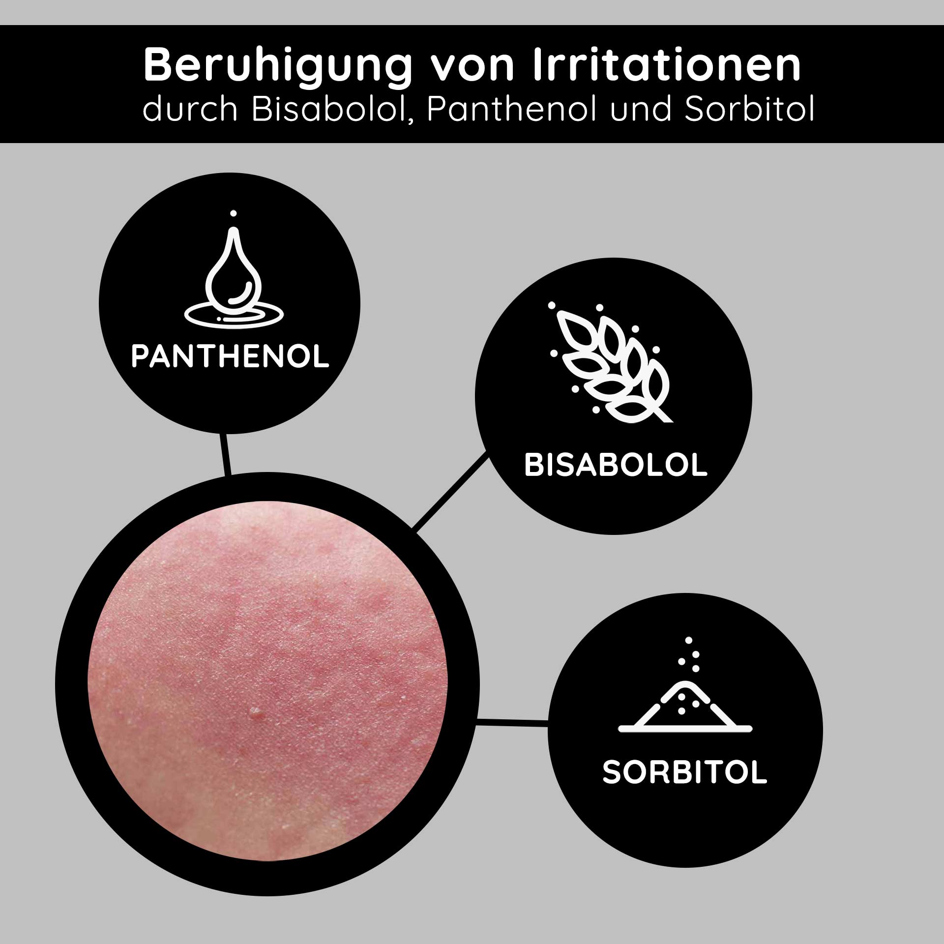 XXXY 护肤乳液(仅限 4 位男士) 50 毫升 - 日间抗衰老护理 Beruhigung von Hautirritationen durch Bisabolol, Panthenol und Sorbitol, mit Nahaufnahme von irritierter Haut.