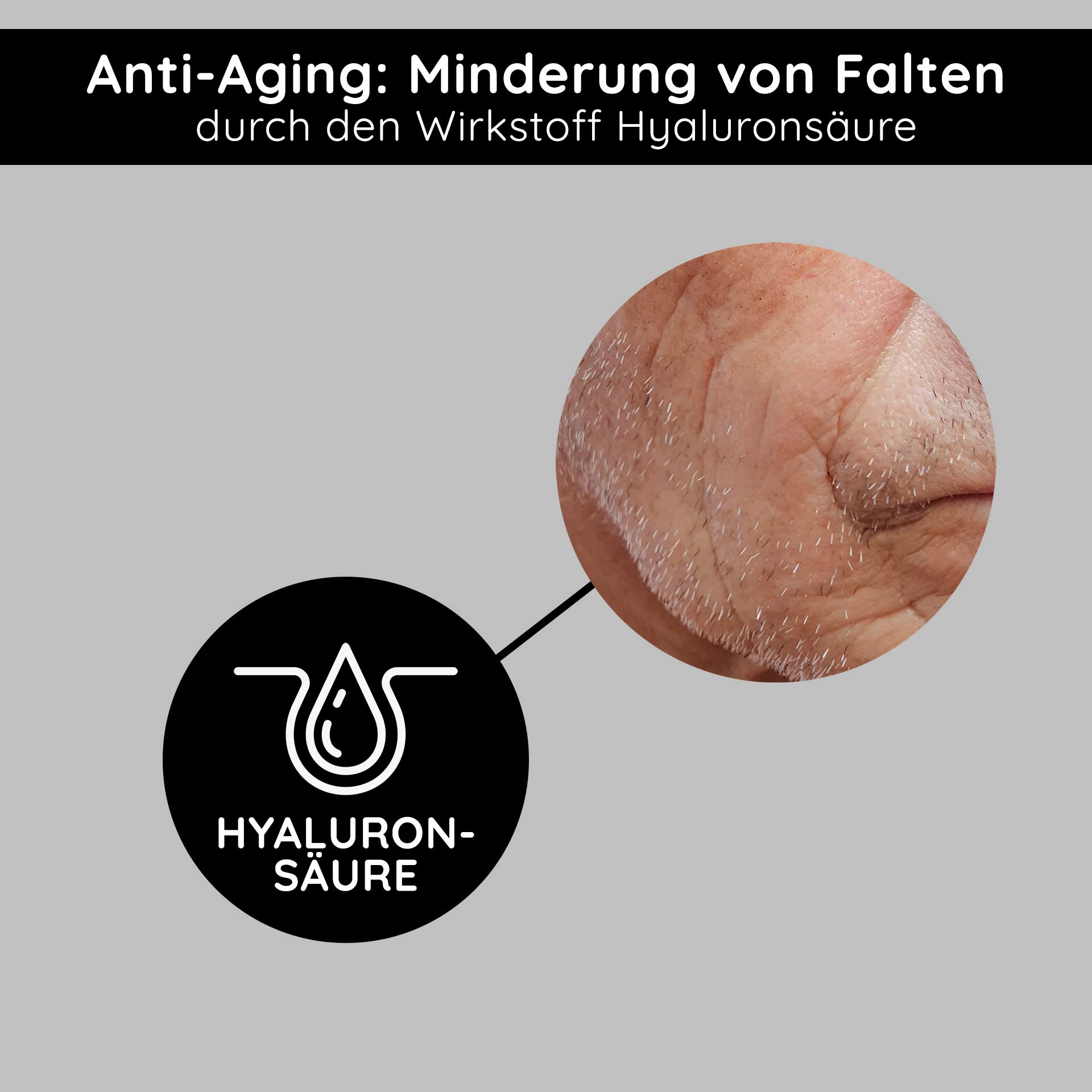XXXY 护肤乳液(仅限 4 位男士) 50 毫升 - 日间抗衰老护理 Anti-Aging: Hyaluronsäure zur Minderung von Falten, Hautnahaufnahme mit Textbeschreibung.