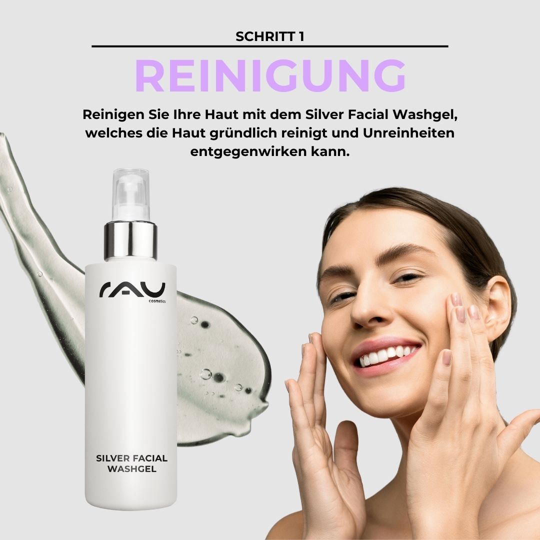不纯净油性皮肤的基本护理程序 Frau mit strahlendem Lächeln, die das RAU Silver Facial Washgel auf ihr Gesicht aufträgt, um unreine Haut zu reinigen; im Hintergrund eine sanfte, transparente Geltextur.