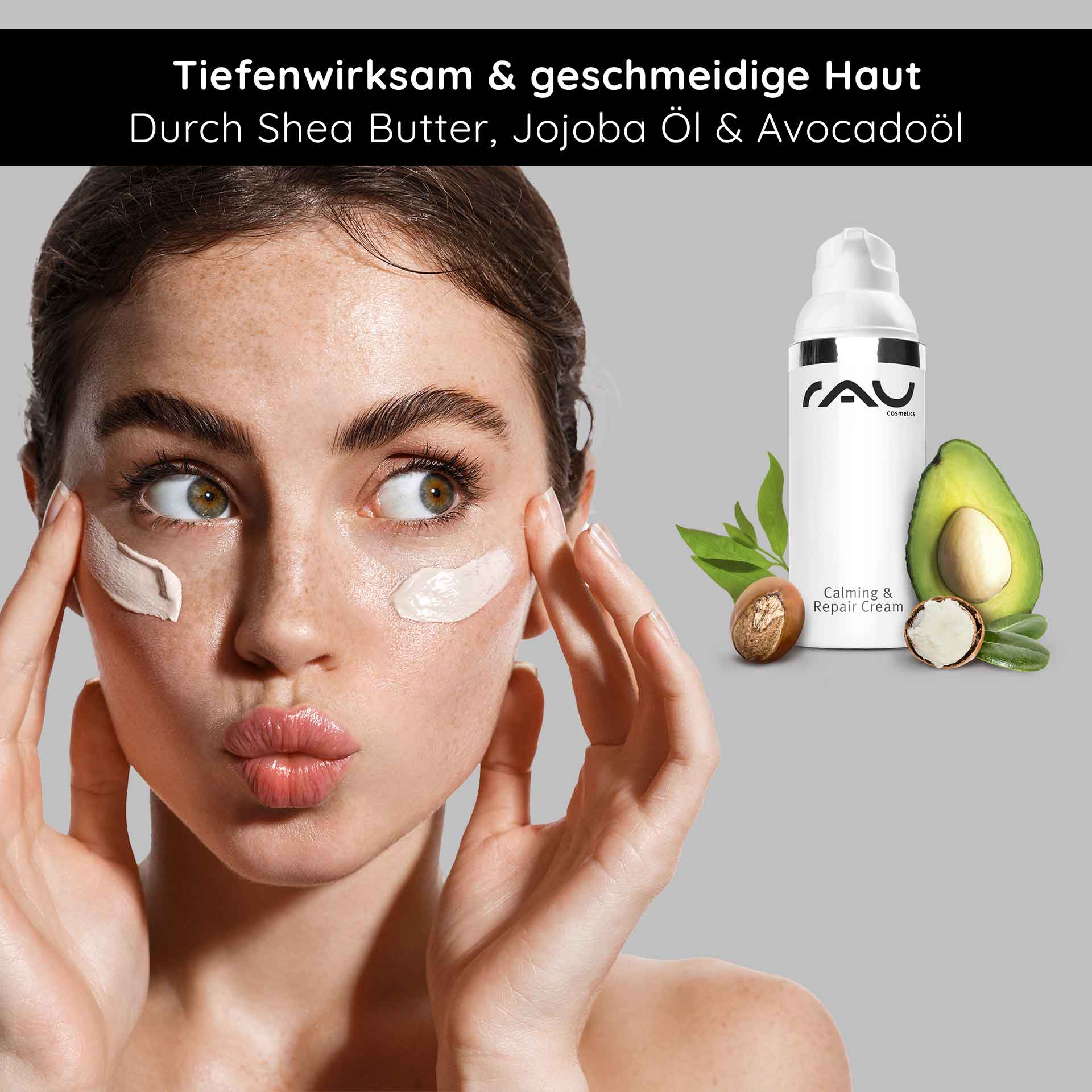 镇静修复霜 50 毫升 镇静肌肤 Frau mit beruhigender Gesichtscreme auf der Haut, RAU Cosmetics Calming & Repair Cream, kombiniert mit Avocado, Jojobaöl und Shea Butter für geschmeidige Haut.