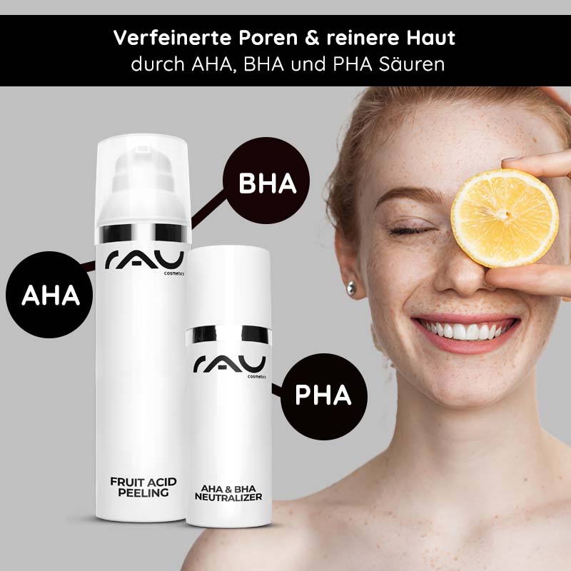 果酸去角质 100 毫升 含 BHA 的果酸去角质产品 Fruchtsäurepeeling von RAU Cosmetics mit AHA, BHA und PHA, lächelnde Frau mit Zitrone, verfeinerte Poren und reine Haut.