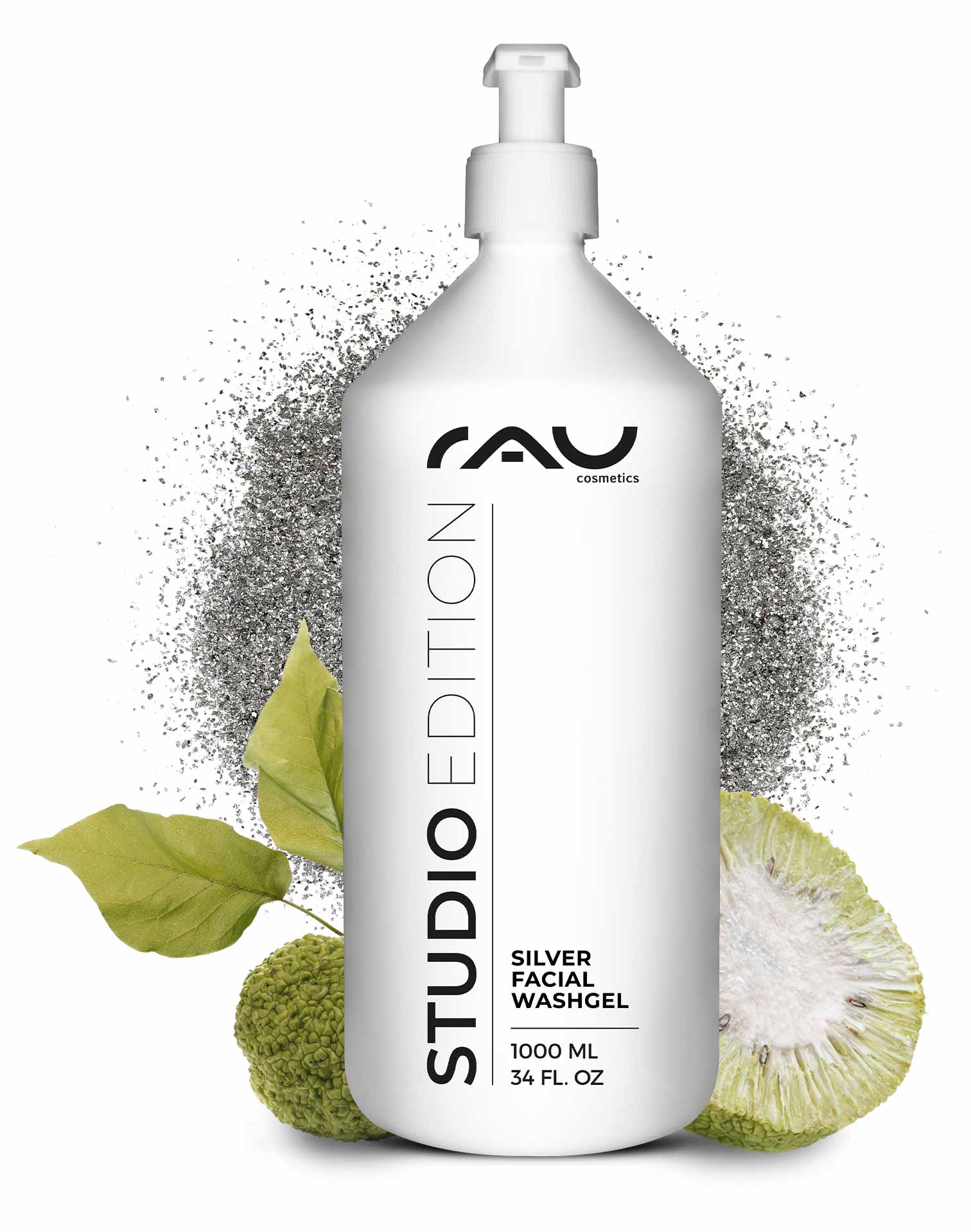 银离子洗面凝胶 1000 毫升 微银洗面凝胶 Flasche RAU Silver Facial Washgel 1000 ml mit Antimikrobielle Wirkung, umgeben von grünen Blättern und grafischen Elementen, für sanfte Reinigung und Hautpflege.