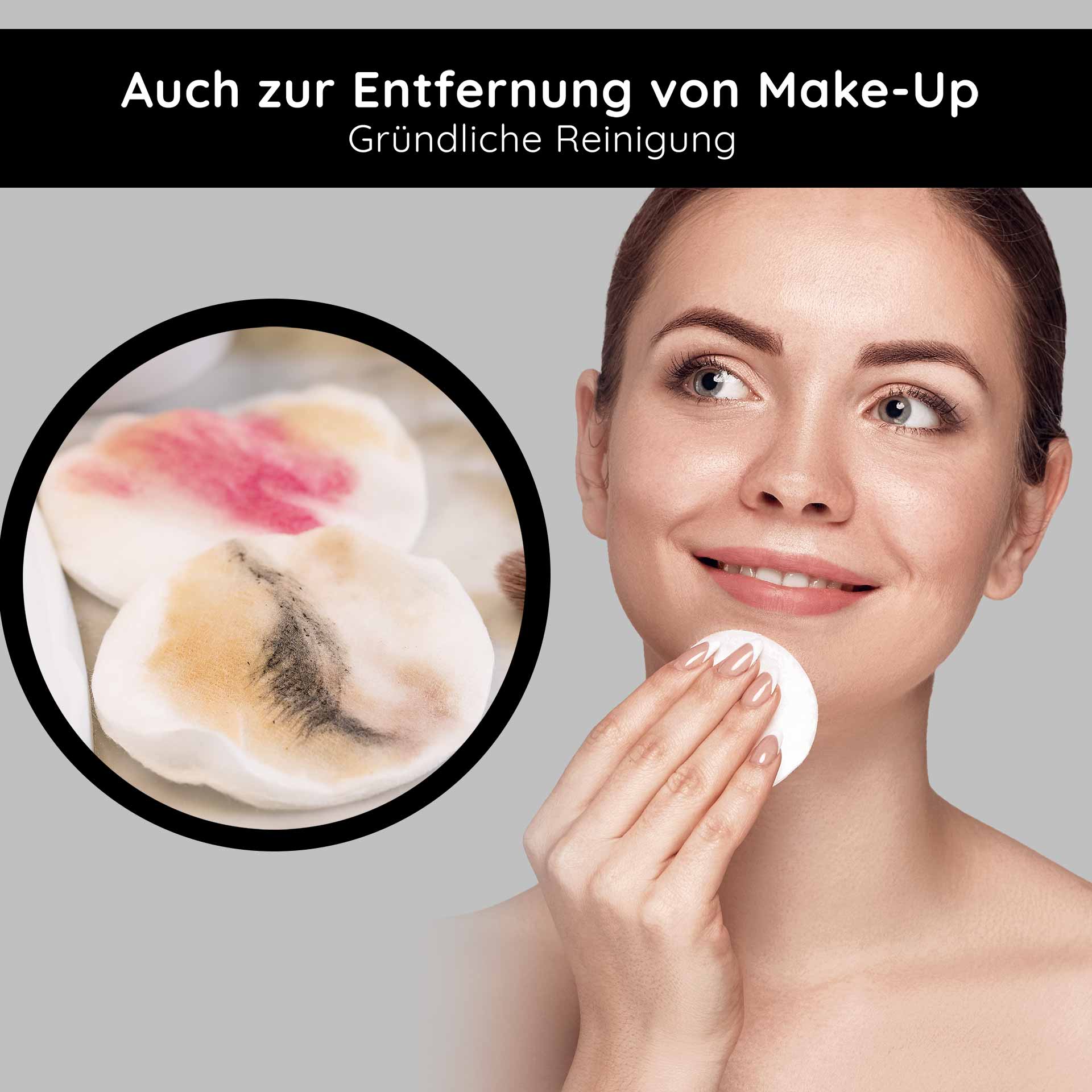 深层清洁二合一爽肤水 200 毫升 二合一爽肤水 Frau mit Wattepad zur Gesichtsreinigung, Make-up-Rückstände auf dem Pad, Anwendung des RAU Cosmetics Deep Cleansing 2in1 Gesichtswassers.