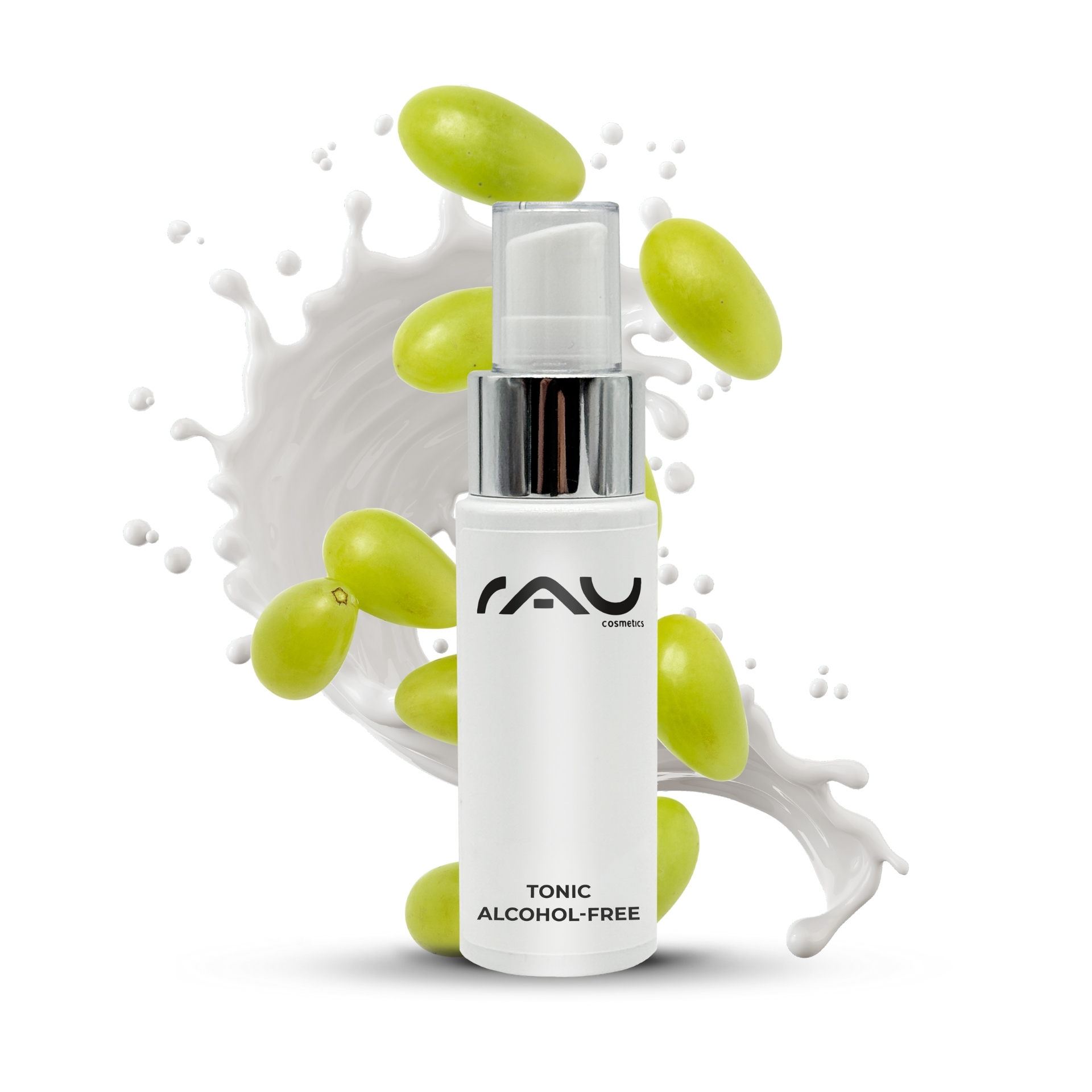 RAU不含酒精爽肤水 75ml - 荨麻精华面部爽肤水 Alkoholfreie Gesichtswasserflasche RAU Tonic mit Brennnesselextrakt, umgeben von grünen Trauben und Flüssigkeitsspritzern, die die sanfte Reinigung empfindlicher Haut betonen.