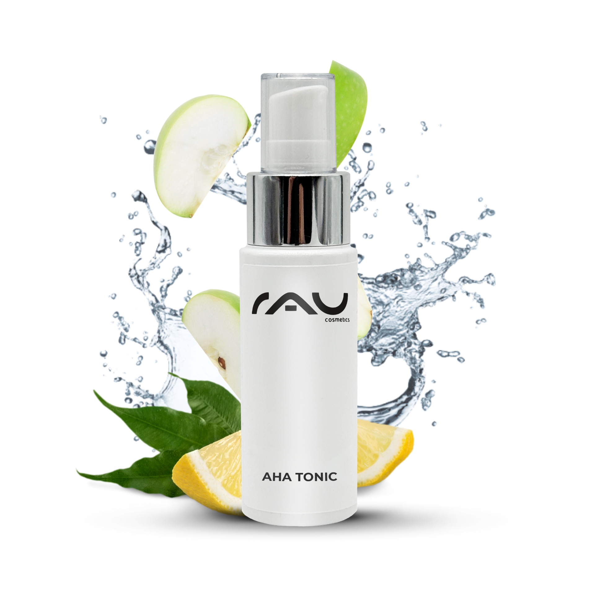 RAU AHA Tonic 50 ml - 含温和果酸的清爽滋补品 RAU AHA Tonic-Flasche mit einem Spritzer Wasser, grünen Apfelscheiben und Zitrone, die die erfrischende Hautpflegewirkung mit milden Fruchtsäuren hervorhebt.
