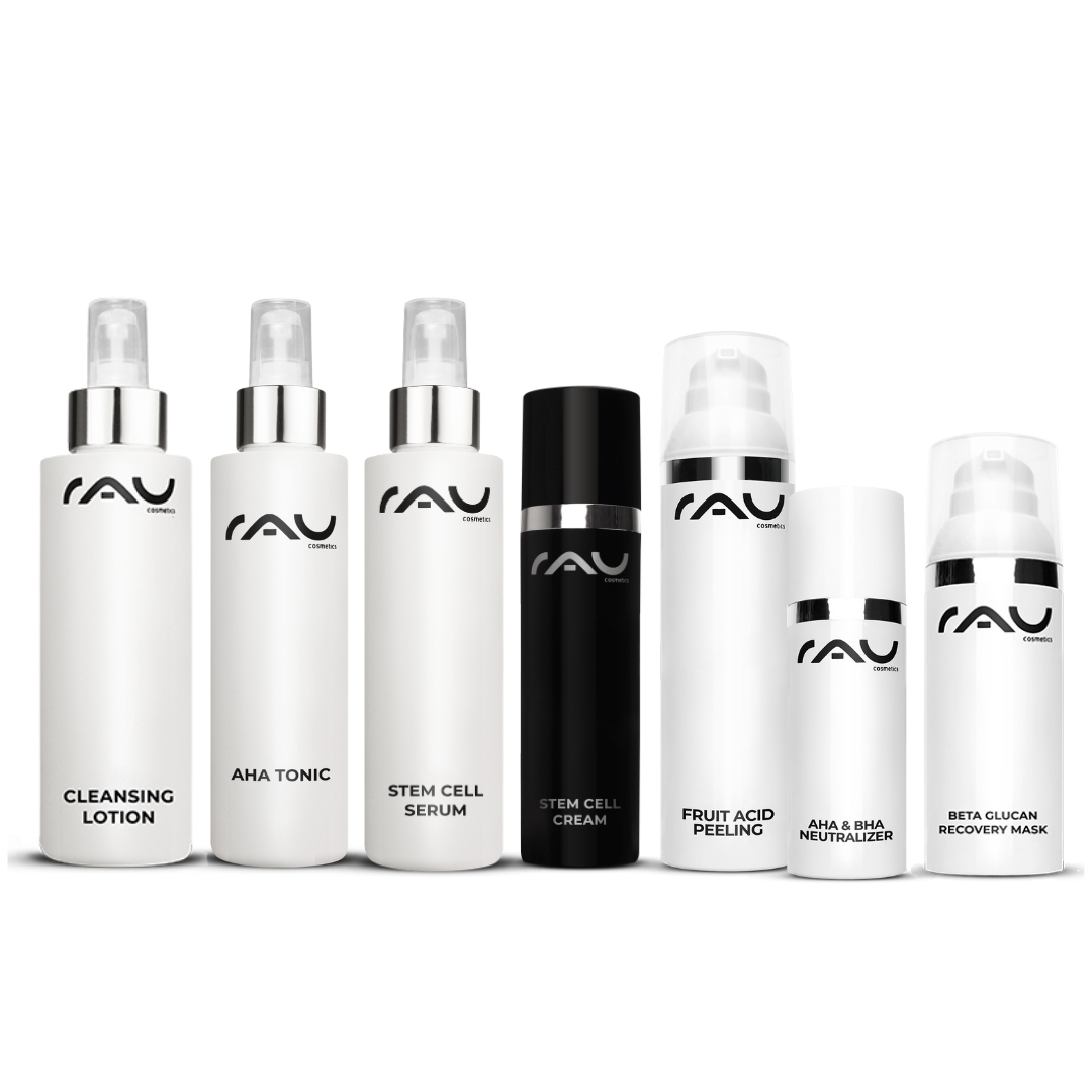 成熟肌肤的专业护理程序 Profi Pflegeroutine für reife Haut von RAU Cosmetics, bestehend aus Reinigungslotion, AHA Tonic, Stem Cell Serum, Stem Cell Cream, Fruchtsäurepeeling, AHA & BHA Neutralizer und Beta Glucan Recovery Mask.