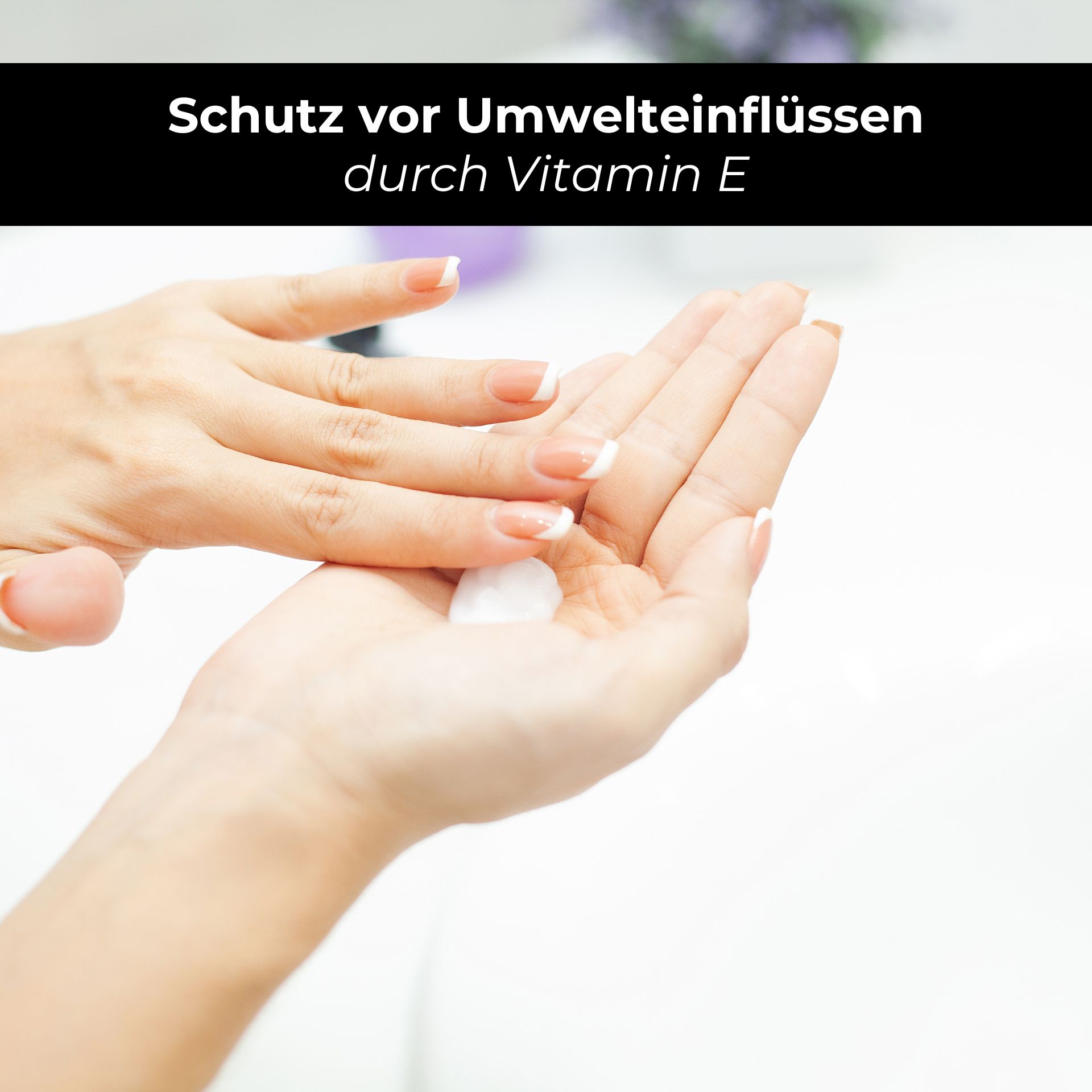 RAU Eternal Moist 潤膚露 500 ml - 密集保濕,柔軟肌膚  Hände, die eine Lotion auftragen, mit Text "Schutz vor Umwelteinflüssen durch Vitamin E", betont intensive Feuchtigkeit und Hautpflege.