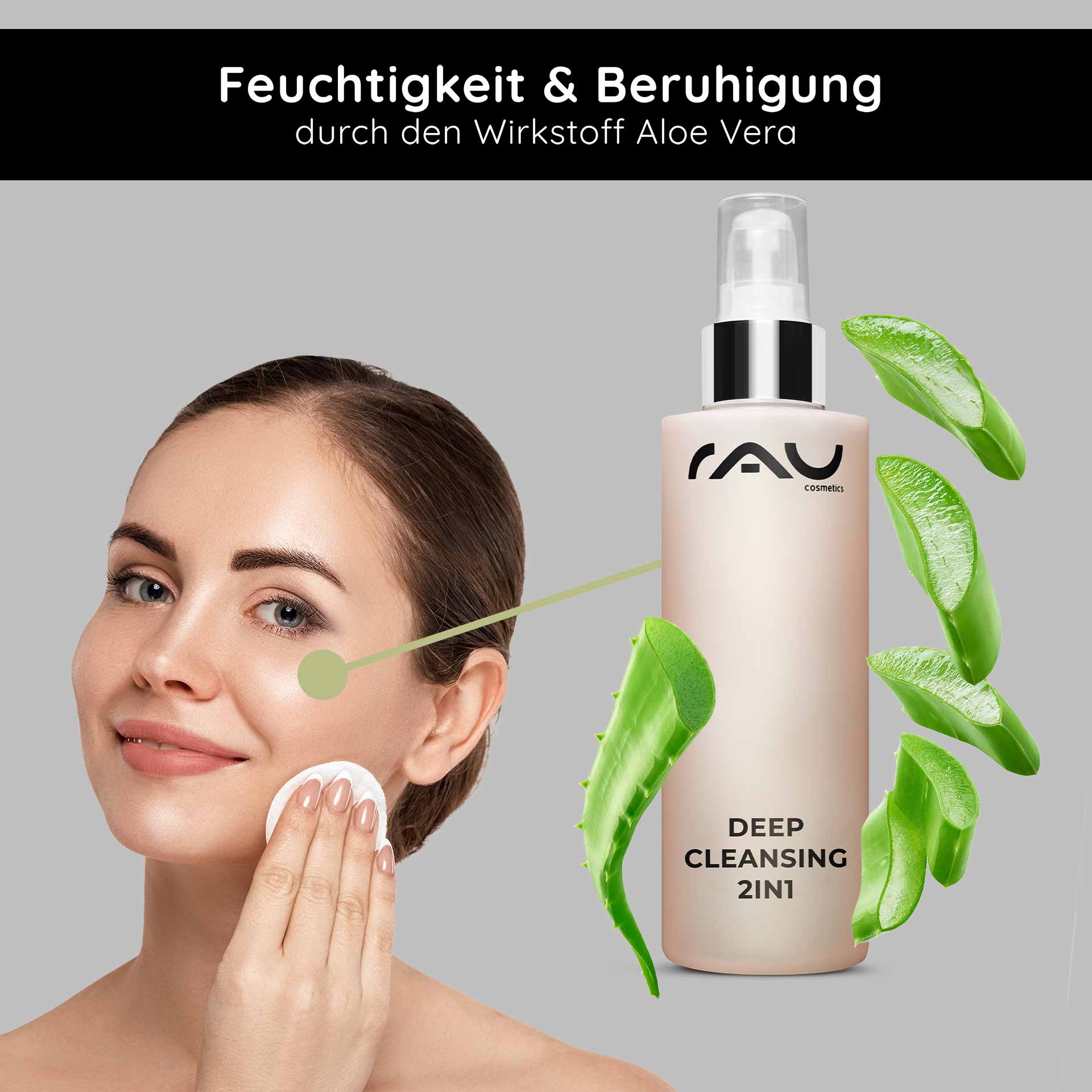 深层清洁二合一爽肤水 200 毫升 二合一爽肤水 Frau mit Gesichtswasser von RAU Cosmetics, das Aloe Vera enthält, zur Hautreinigung und -beruhigung, Anwendung mit Wattepad.