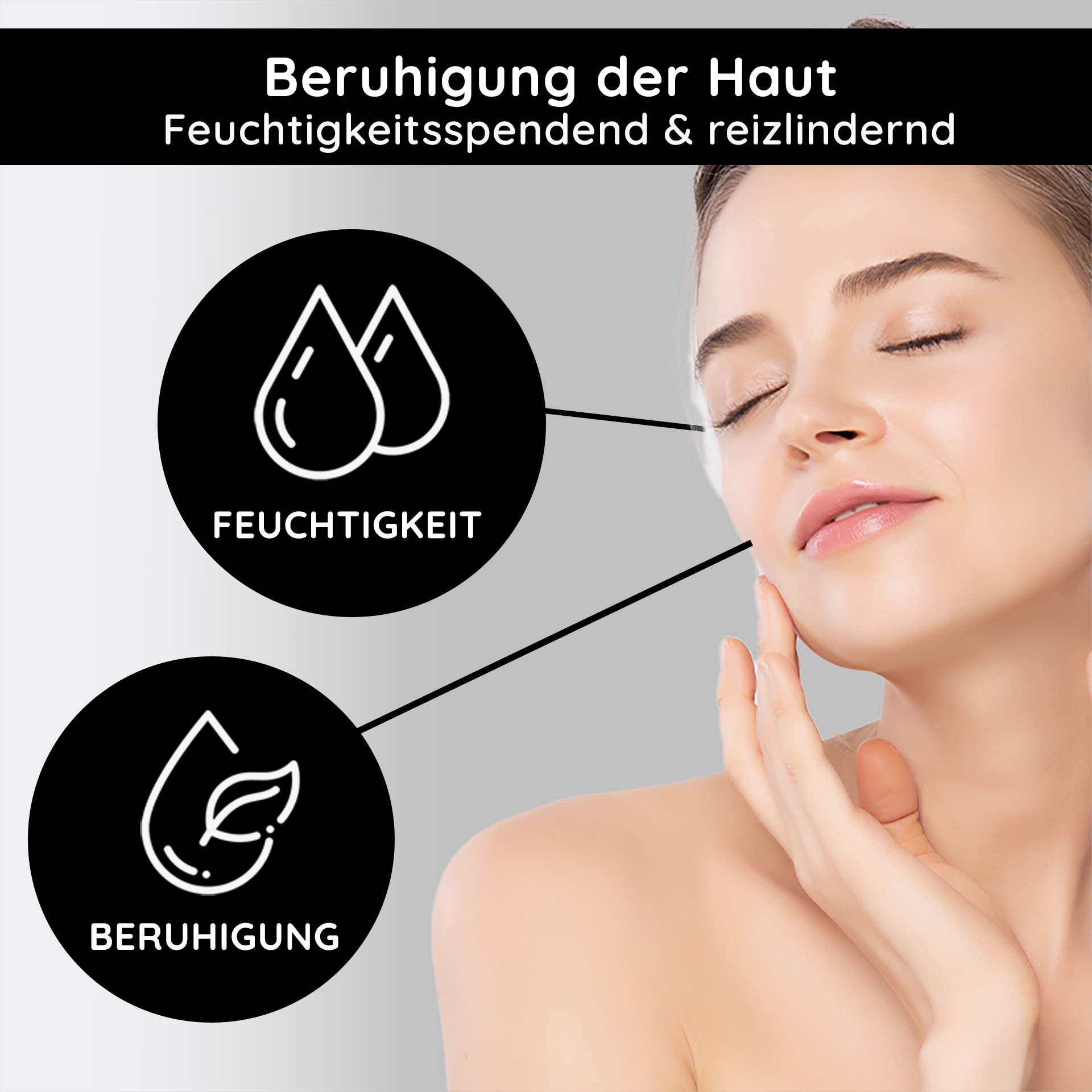200 毫升微银洁面乳 Frau mit sanfter Gesichtspflege, betont Feuchtigkeit und Beruhigung, grafische Elemente für RAU Cosmetics Silver Facial Washgel.