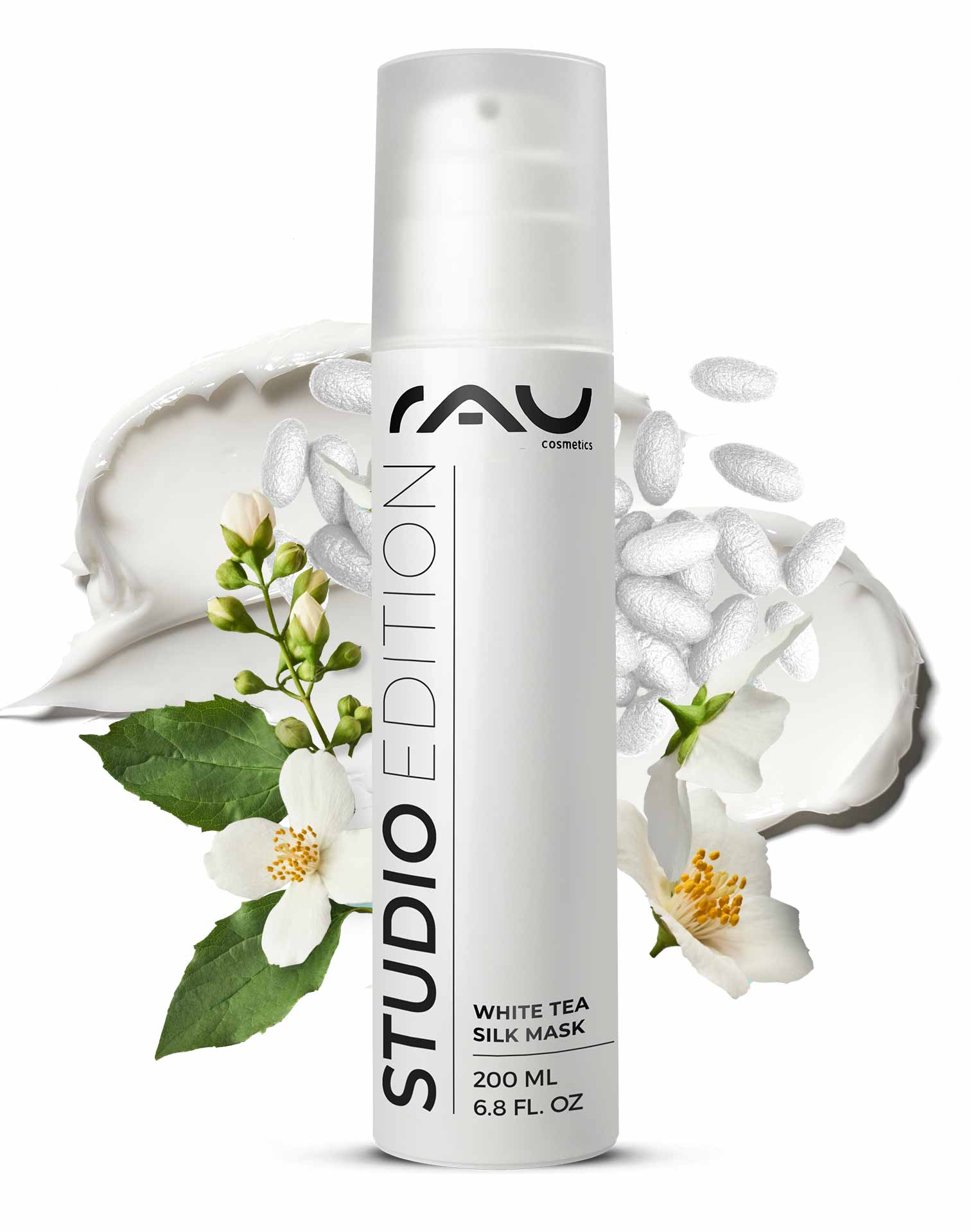 白茶蚕丝面膜 200 毫升 丰润面霜和面膜 White Tea Silk Mask von RAU Cosmetics, 200 ml Behälter mit floralen Elementen, mit pflegenden Inhaltsstoffen wie weißem Tee und Seidenproteinen, entwickelt für empfindliche und trockene Haut.