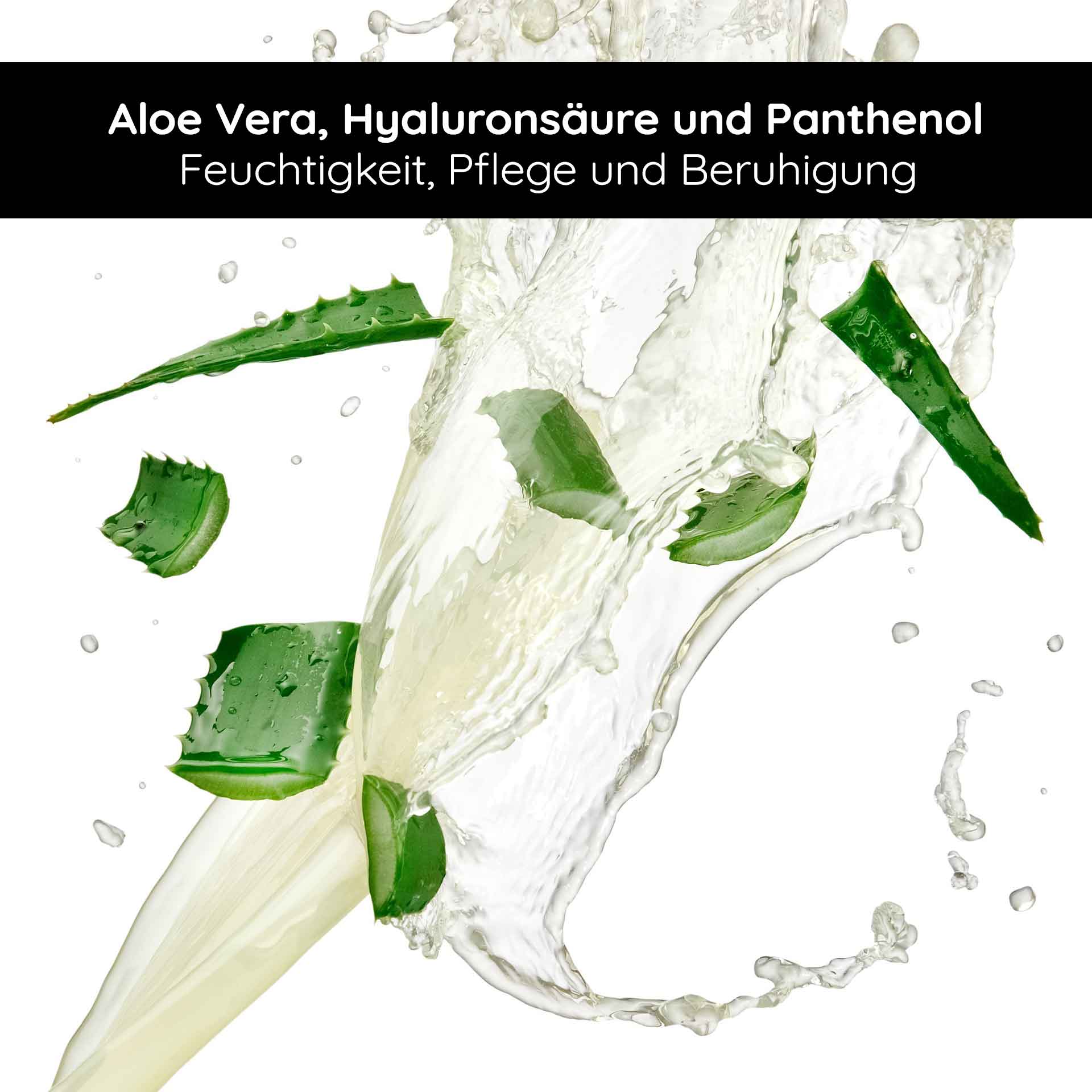 美黑面部精华素 30 毫升 天然美黑精华素 Aloe Vera, Hyaluronsäure und Panthenol in Wasser sprudelnd, symbolisiert Feuchtigkeit und Pflege für die Haut, passend zum RAU Cosmetics Selbstbräuner für ein natürliches Hautgefühl.