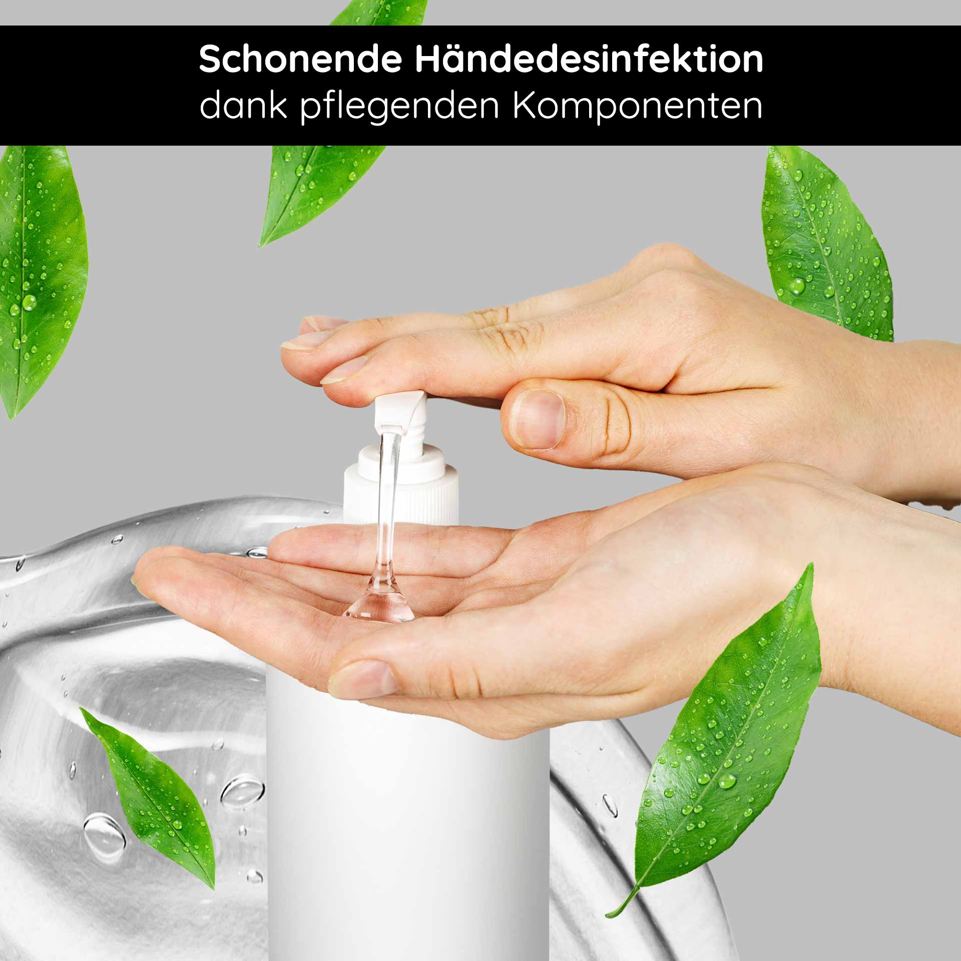 手部护理清洁凝胶 500 毫升 消毒与护理 Hände desinfizieren mit RAU Cosmetics Hand Care Cleansing Gel, sanfte Pflege und antibakterielle Wirkung, umgeben von grünen Blättern und Wassertropfen.