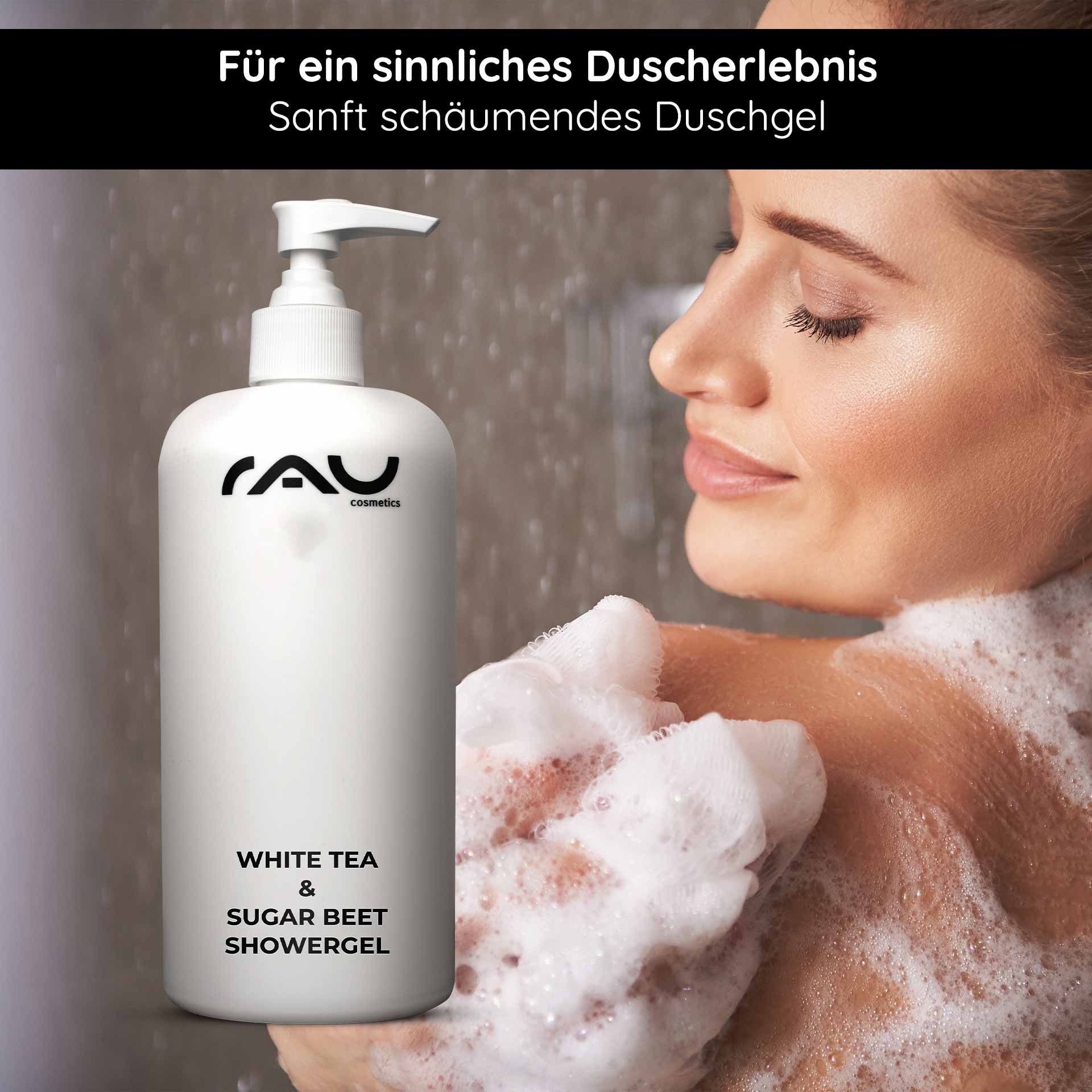 白茶甜菜沐浴露 500 毫升 沐浴露 Flasche von RAU Cosmetics mit White Tea & Sugar Beet Showergel, sanft schäumendes Duschgel, Anwendung auf der Haut, angenehmer Duft, für ein sinnliches Duscherlebnis.
