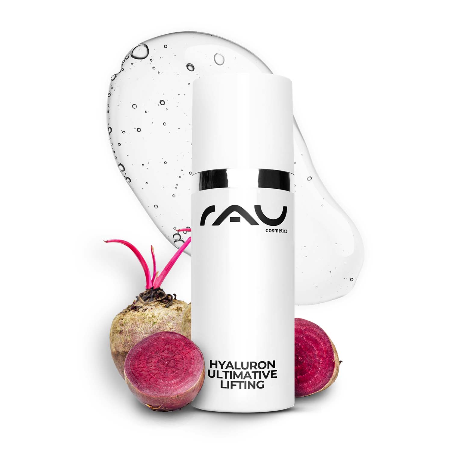 透明质酸终极提拉啫喱 50 毫升 透明质酸提拉啫喱 Hyaluron Ultimative Lifting Serum von RAU Cosmetics in weißer Flasche mit silbernem Deckel, umgeben von Rüben und einem feuchtigkeitsspendenden Gel, präsentiert als Anti-Aging Lösung für trockene Haut.