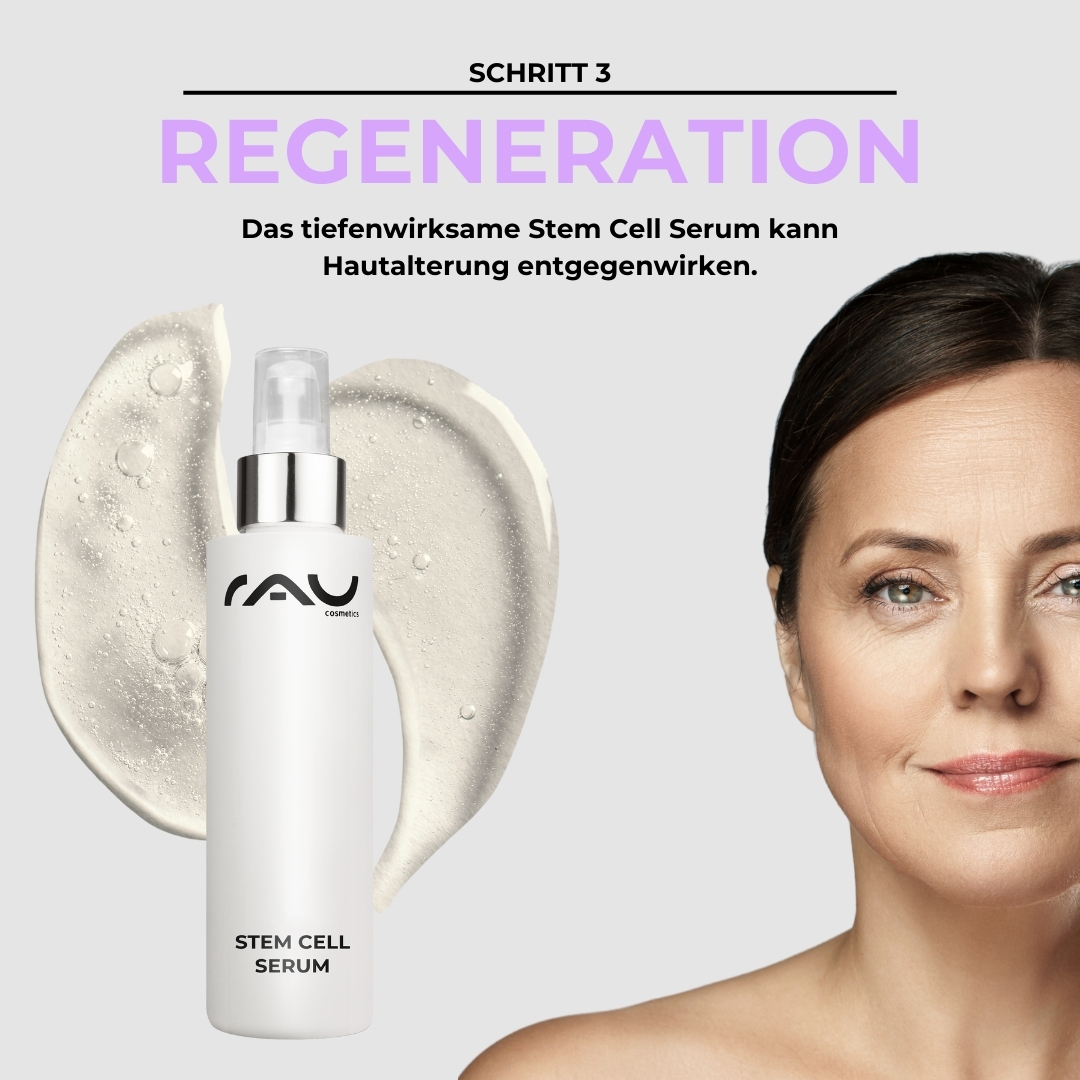 成熟肌肤的专业护理程序 RAU Cosmetics Stem Cell Serum für reife Haut, vorgestellt mit einem Model, das einen jugendlichen Teint zeigt und die Anti-Aging-Vorteile und die Hautregeneration betont.