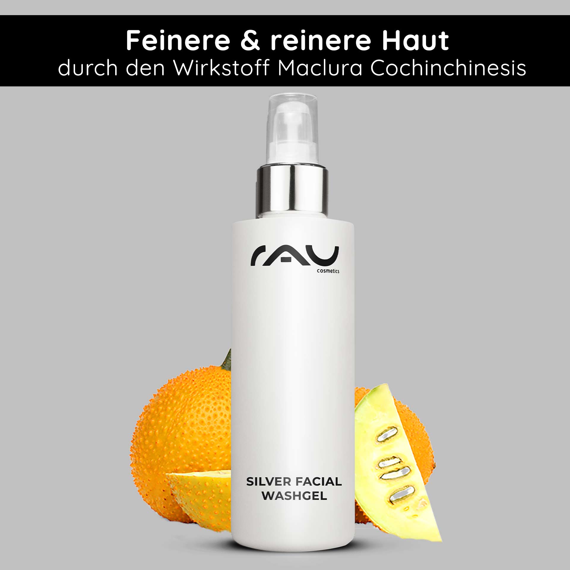200 毫升微银洁面乳 Silberne Gesichtswaschgelflasche von RAU Cosmetics mit Mikrosilber, umgeben von Maclura Cochinensis-Früchten, die die Vorteile der Hautreinigung und -hydration betonen.