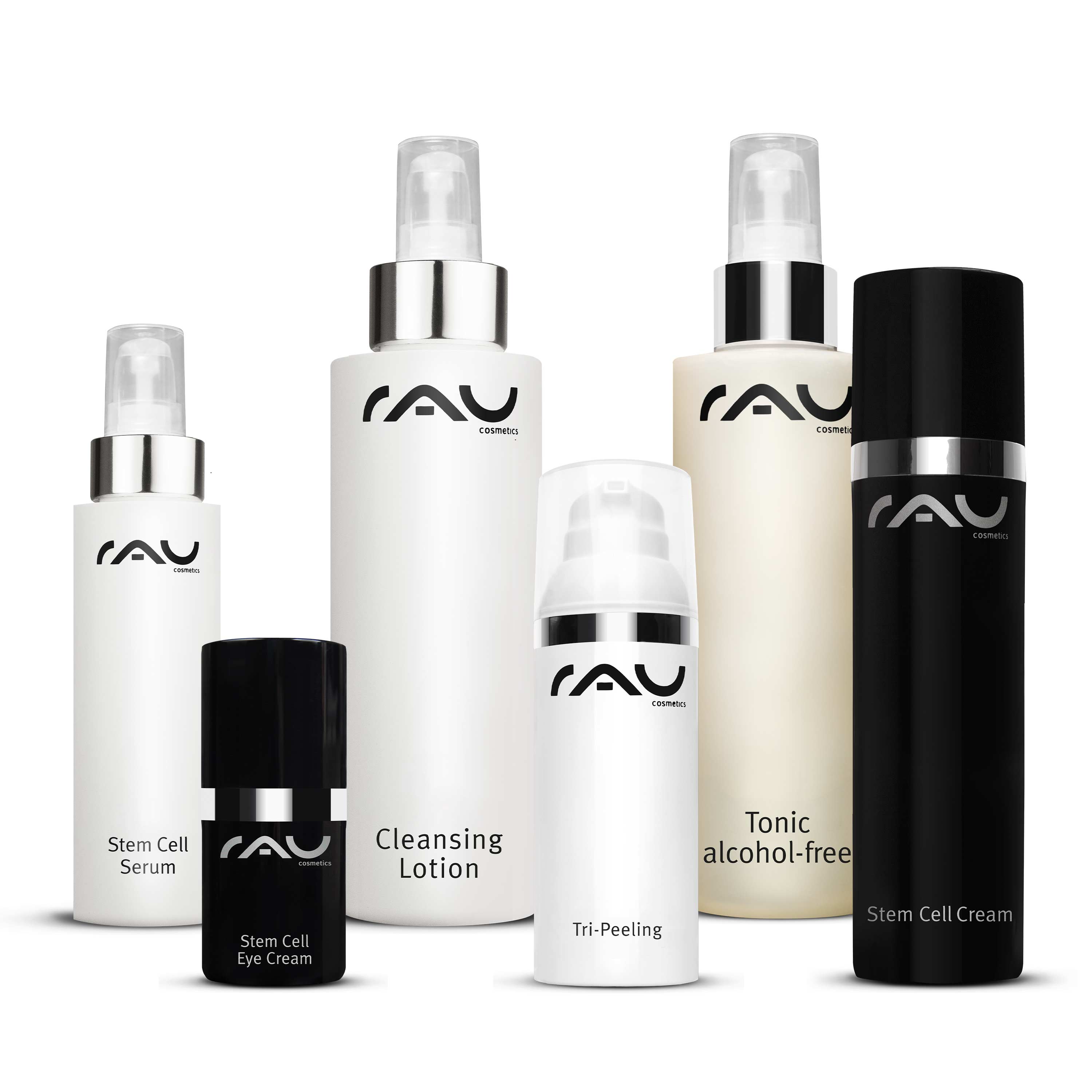RAU_Cosmetics-stemcell-set5kW6E1HJGORx5 Die Hautpflegeproduktpalette von RAU Cosmetics umfasst Stammzellenserum, Reinigungslotion, alkoholfreies Tonic, Tri-Peeling, Stammzellen-Augencreme und Stammzellencreme mit Schwerpunkt auf Anti-Aging- und Feuchtigkeitsvorteilen für reife Haut.