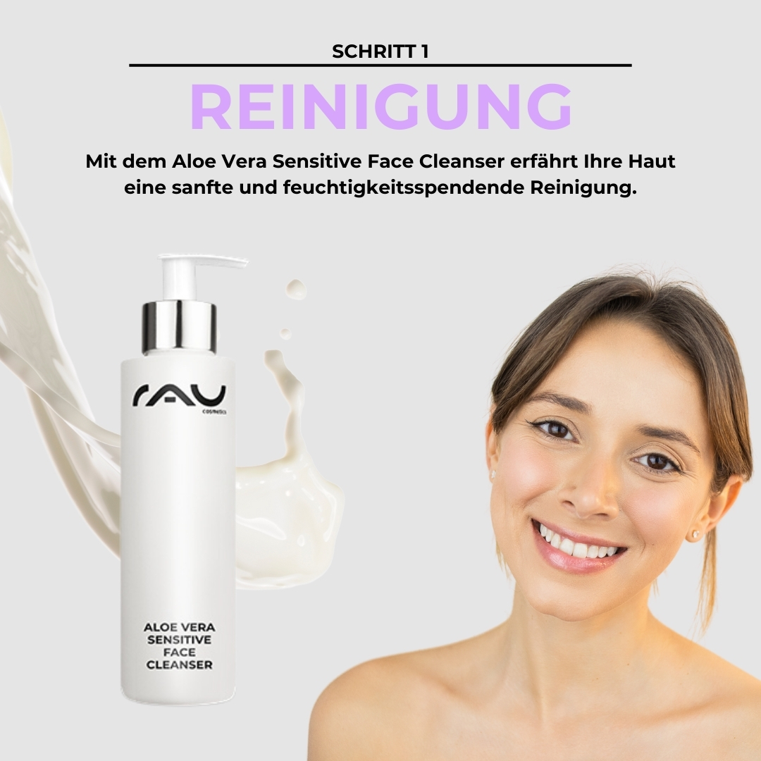 敏感肌肤的基本护理程序 Aloe Vera Sensitive Face Cleanser von RAU Cosmetics mit einer lächelnden Frau, die die sanfte und feuchtigkeitsspendende Reinigung für empfindliche Haut hervorhebt.