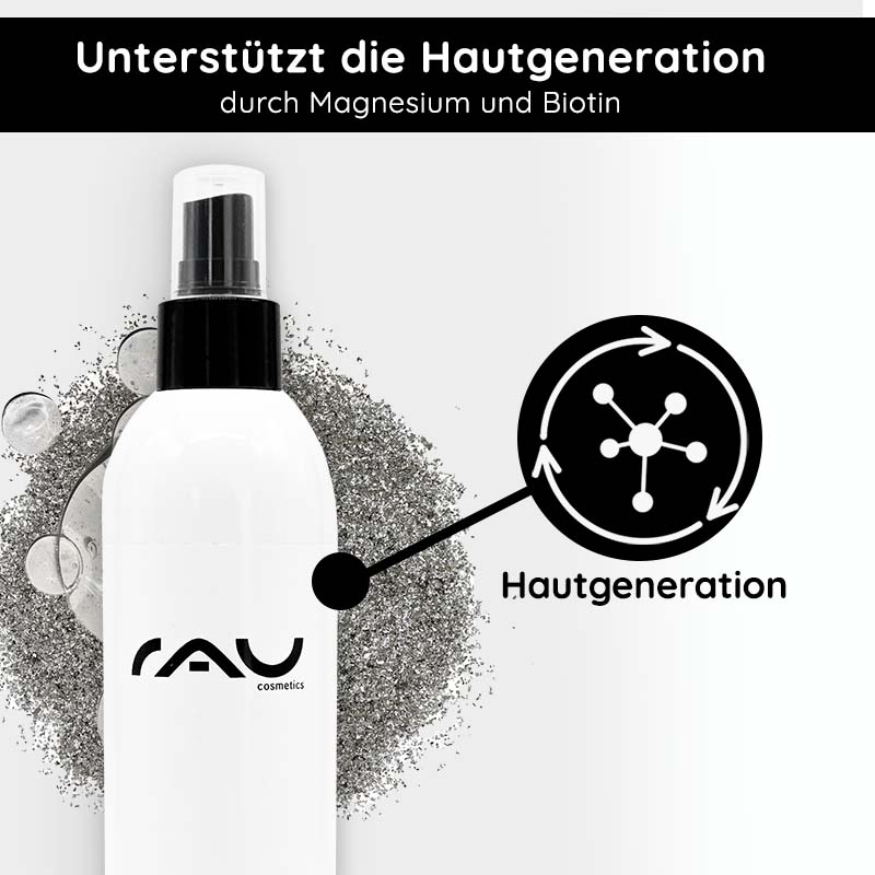 Magnesium Active Body Oil 250 ml - LIMITED EDITION Magnesium Active Body Oil von RAU Cosmetics in einer eleganten weißen Flasche mit einem Text, der die Vorteile von Magnesium und Biotin für die Hautregeneration hervorhebt, vor einem strukturierten Hintergrund.
