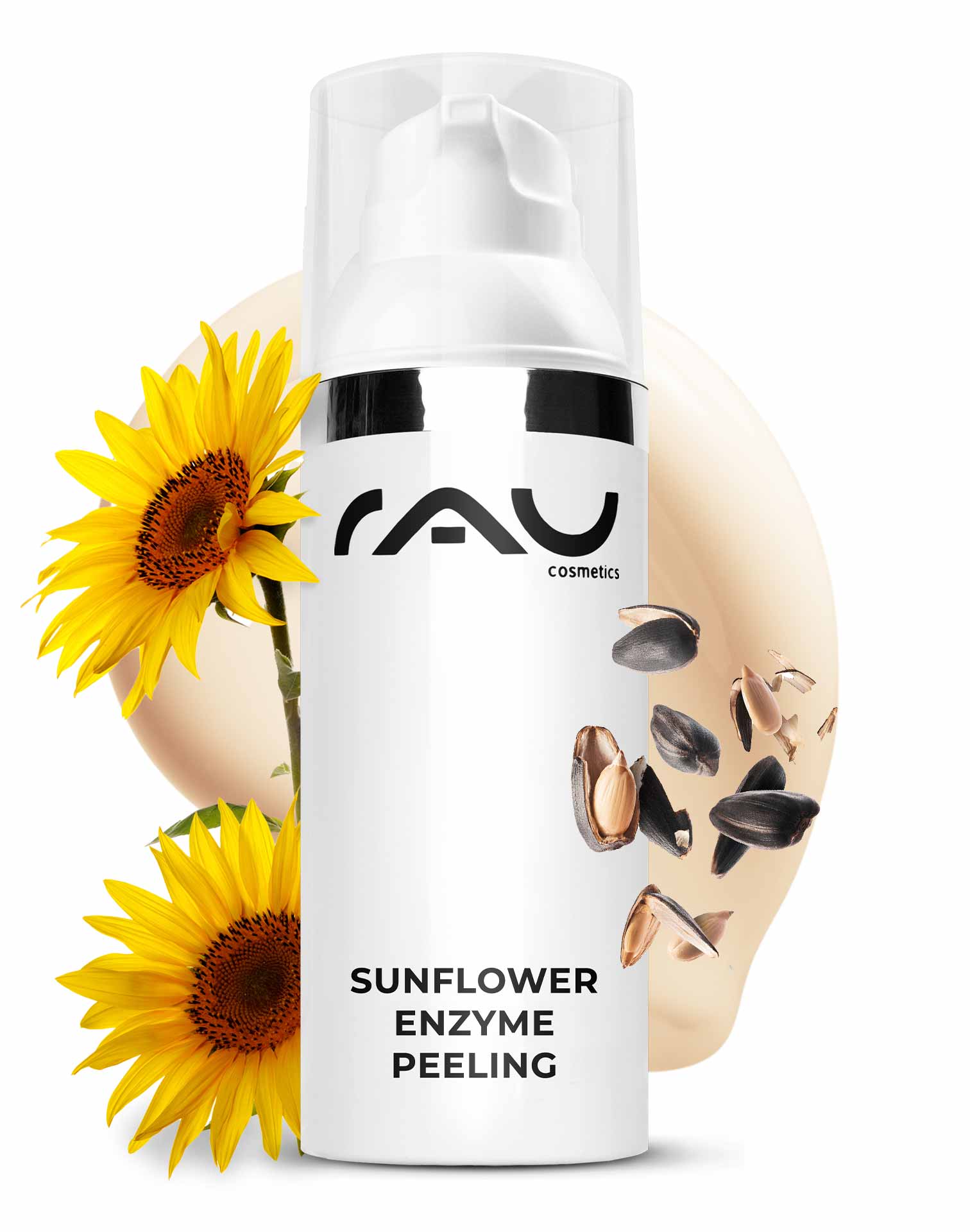 向日葵酵素去角质 50 毫升 化学酵素去角质 Verpackung des Sonnenblumen-Enzym-Peelings mit Sonnenblumenblüten, die den Produktnamen hervorheben und die Vorteile des enzymatischen Peelings für empfindliche Haut hervorheben.