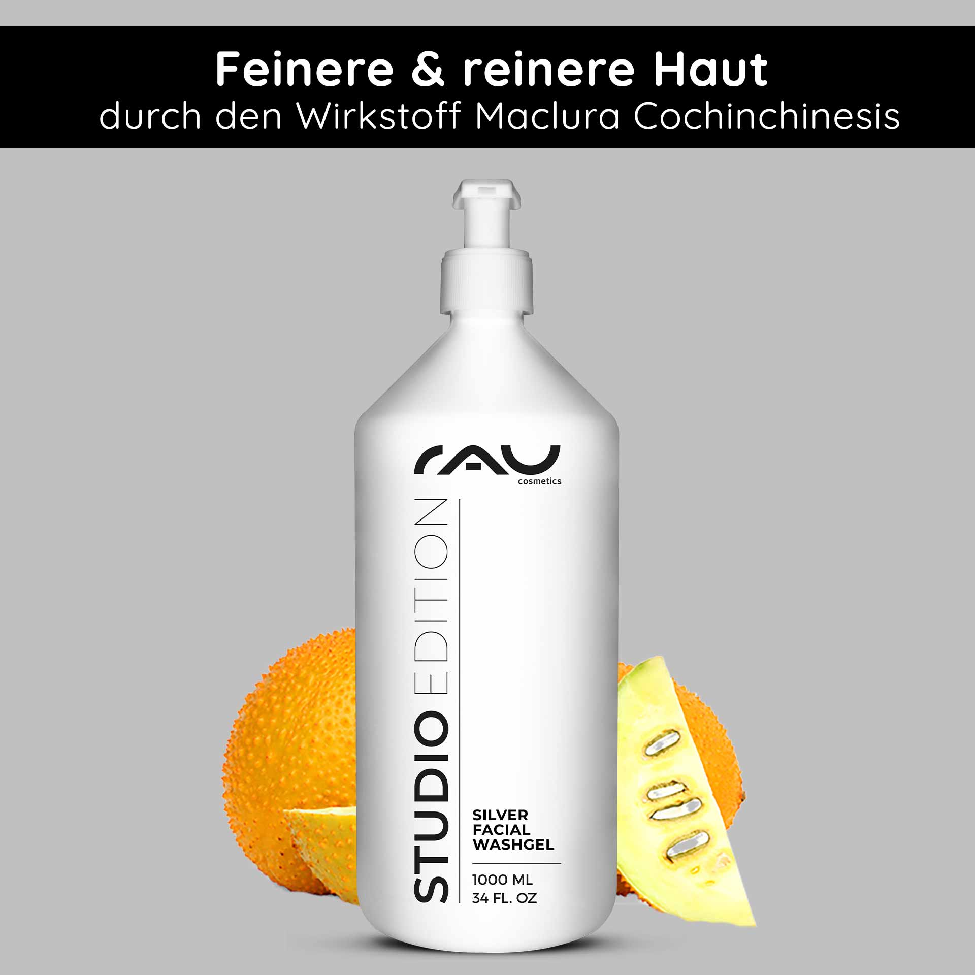 银离子洗面凝胶 1000 毫升 微银洗面凝胶 Silber Waschgel von RAU Cosmetics in einer weißen Flasche mit Pumpverschluss, umgeben von einer orangefarbenen Frucht und einem Stück Ananas, betont die Hautreinigung und die feuchtigkeitsspendenden Eigenschaften durch Maclura Cochinchinesis.
